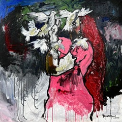 Su Búsqueda - Siglo XXI, Contemporáneo, Impasto Figurativo, Mujer, Rosa, Pájaros