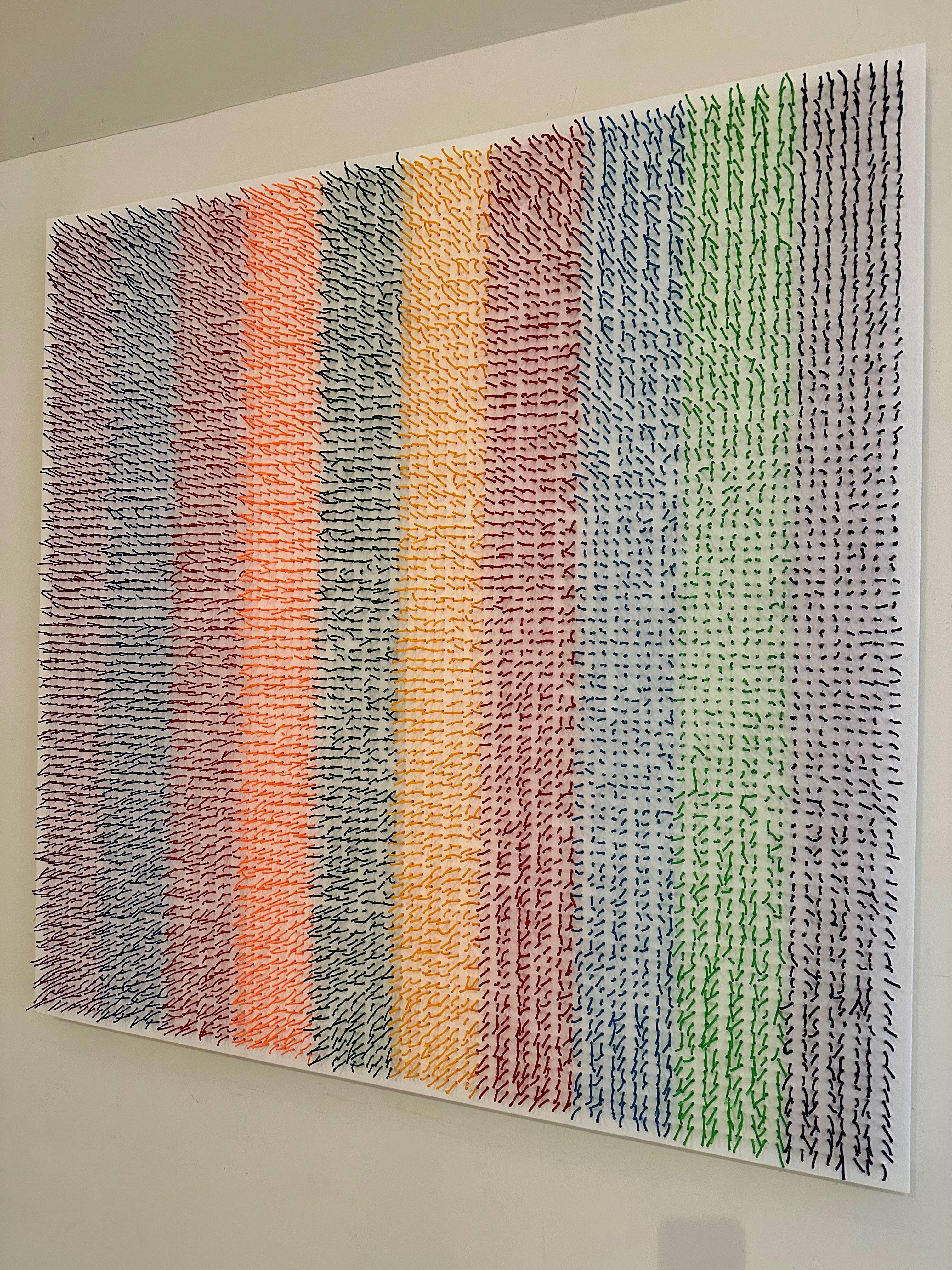 Abstract, sculptural, colorful artwork with strands of yarn piercing canvas For Sale 1