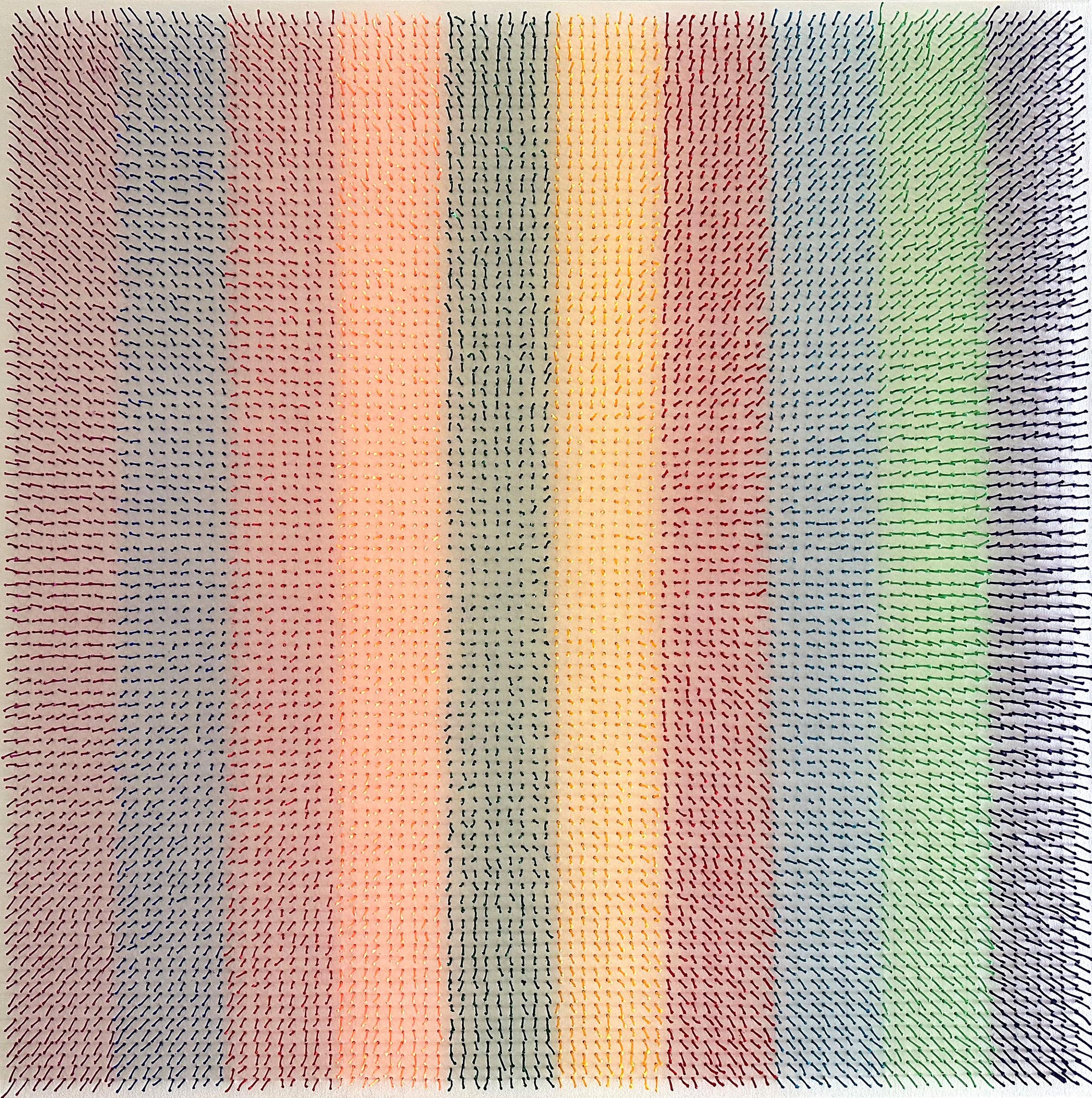 Abstract, sculptural, colorful artwork with strands of yarn piercing canvas - Mixed Media Art by Osi Audu