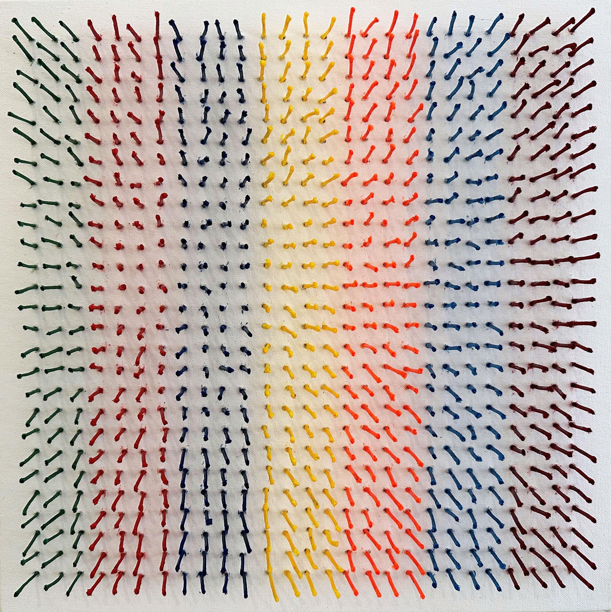 Abstract, sculptural, colorful artwork with strands of yarn piercing canvas - Mixed Media Art by Osi Audu
