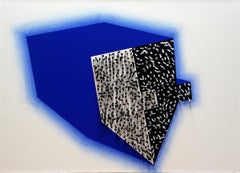 Blue pastel and yarn on paper mounted on canvas, abstract
