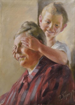 Hide n seek Home Scene w Grandma Russian early 20th Century Oil Genre Painting