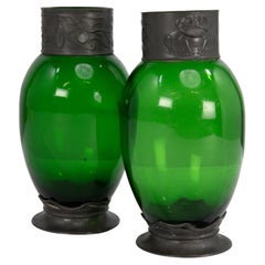 Antique Osiris Pewter. A pair of Art Nouveau pewter & green glass vases with frog decor