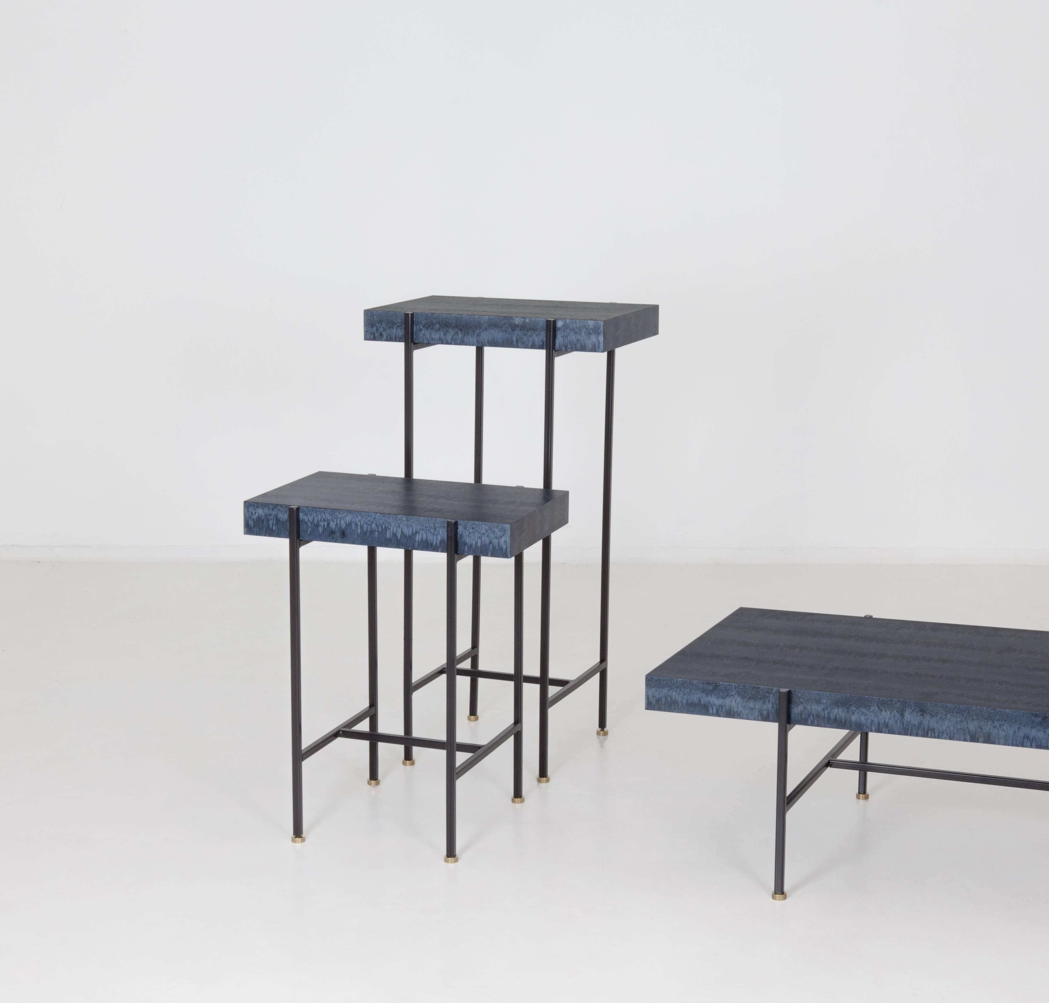The surface finish is an innovation developed by llot llov in Berlin. For Gallery Bensimon the studio exclusivly designed a furniture collection based on a blue striped pattern.

llot llov transferred the effects of osmosis caused by salt onto
