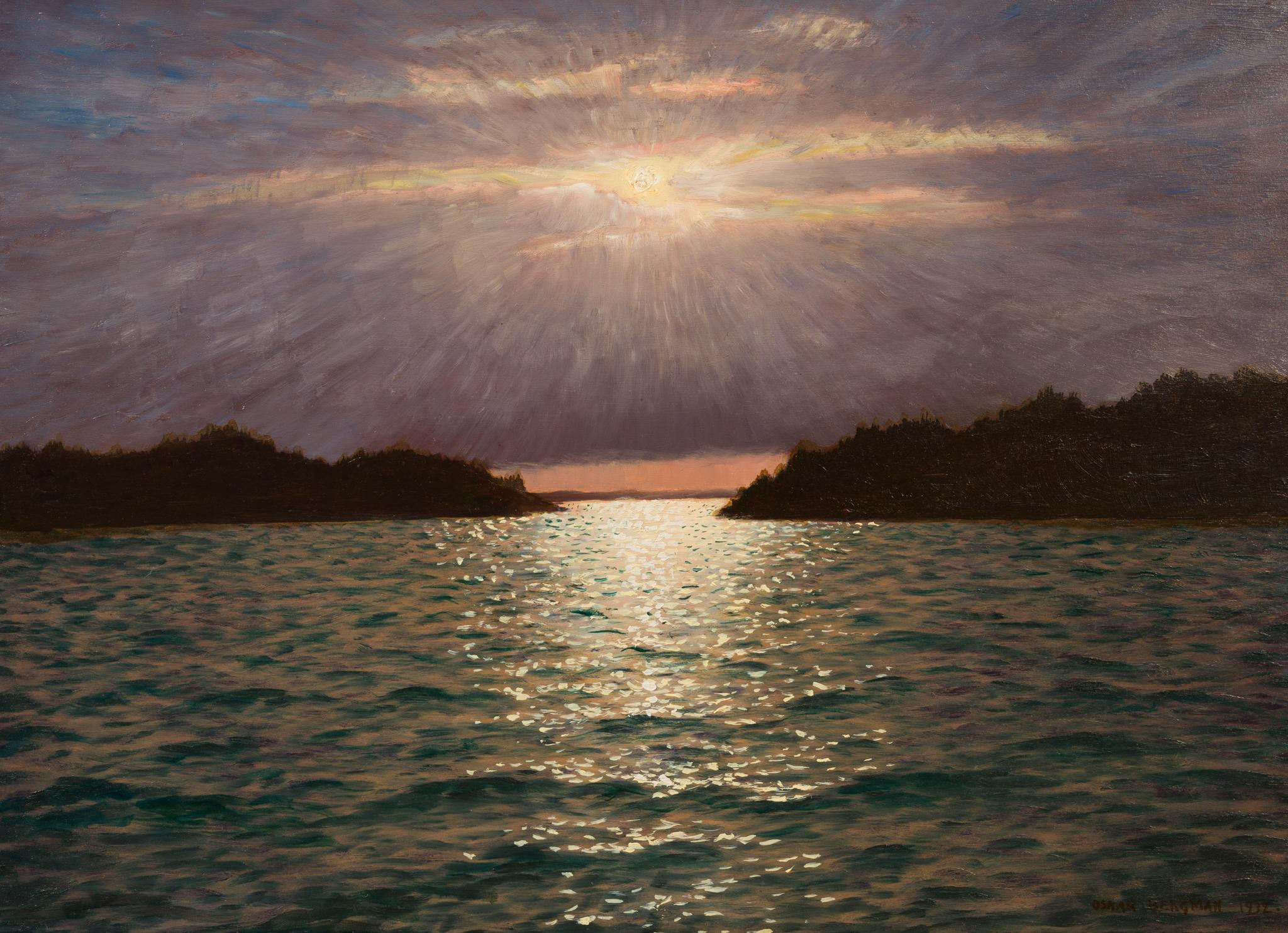 Sunlight Breaking Through Clouds over Vaxholm Bay, 1932 - Post-Impressionist Painting by Oskar Bergman