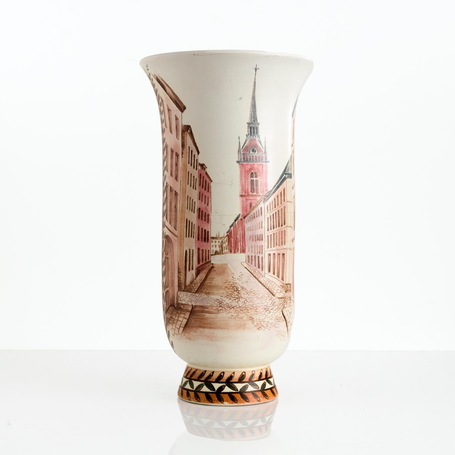 Scandinavian Modern, large unique hand decorated cityscape 