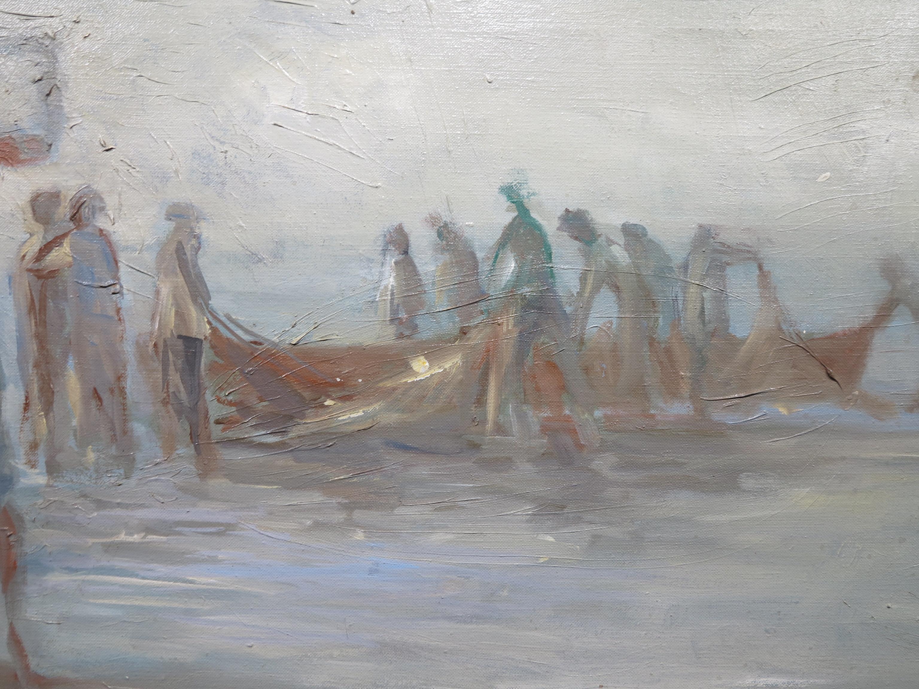 Pescatore al tramonto - Figurative Painting Grigio di Oskar D'Amico