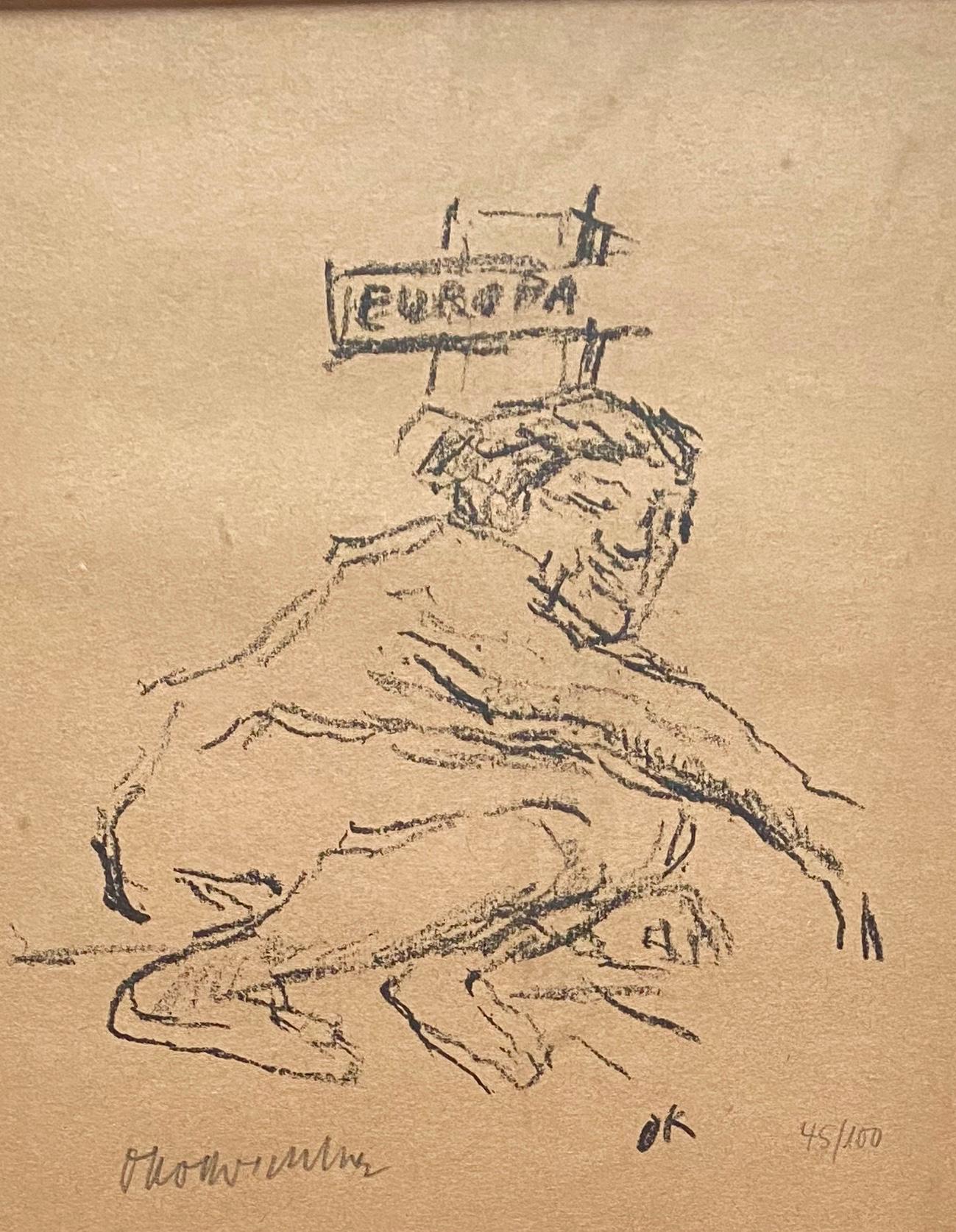 Europa: squatting figure original hand signed lithograph Expressionist Kokoschka - Print by Oskar Kokoschka