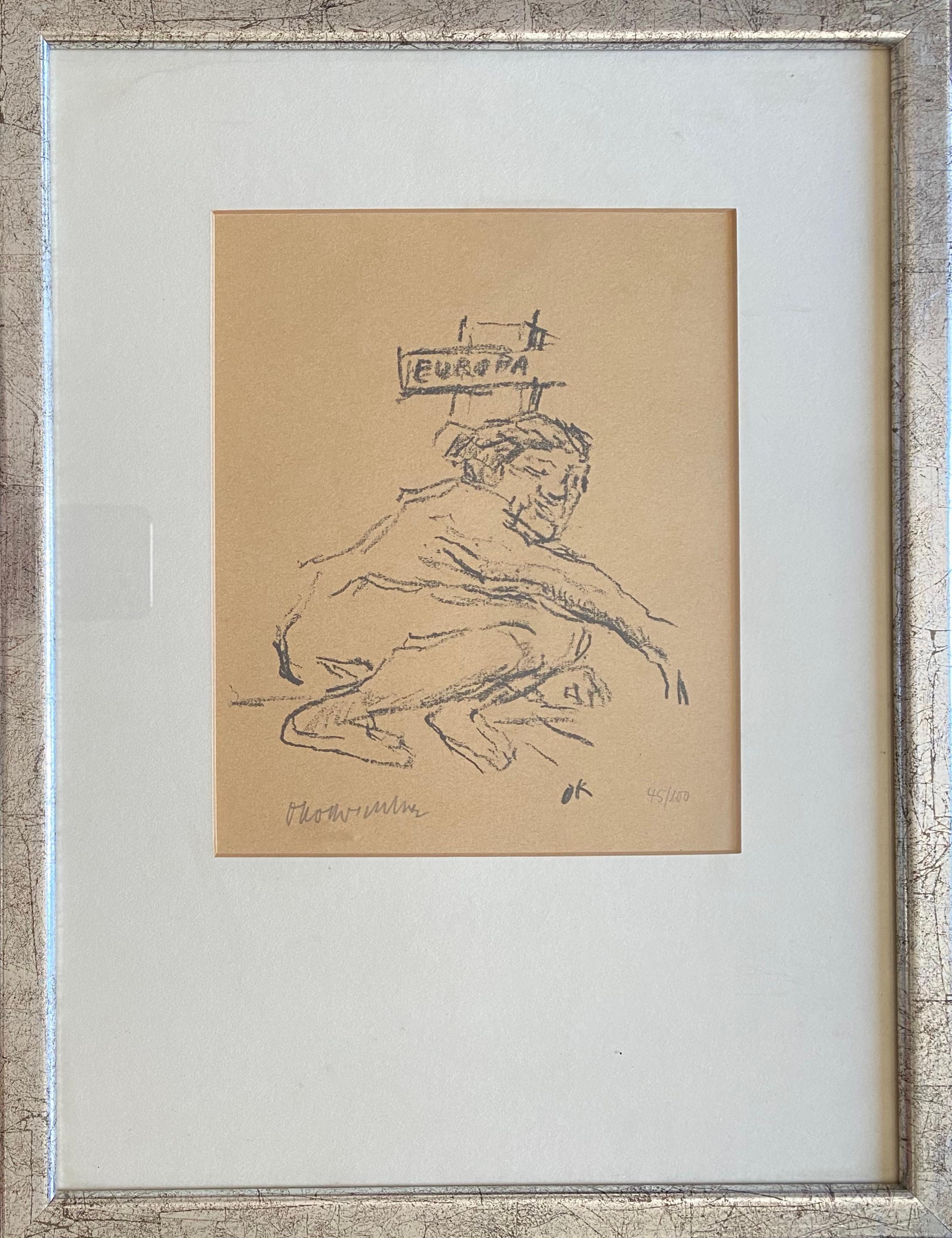 Oskar Kokoschka Nude Print - Europa: squatting figure original hand signed lithograph Expressionist Kokoschka