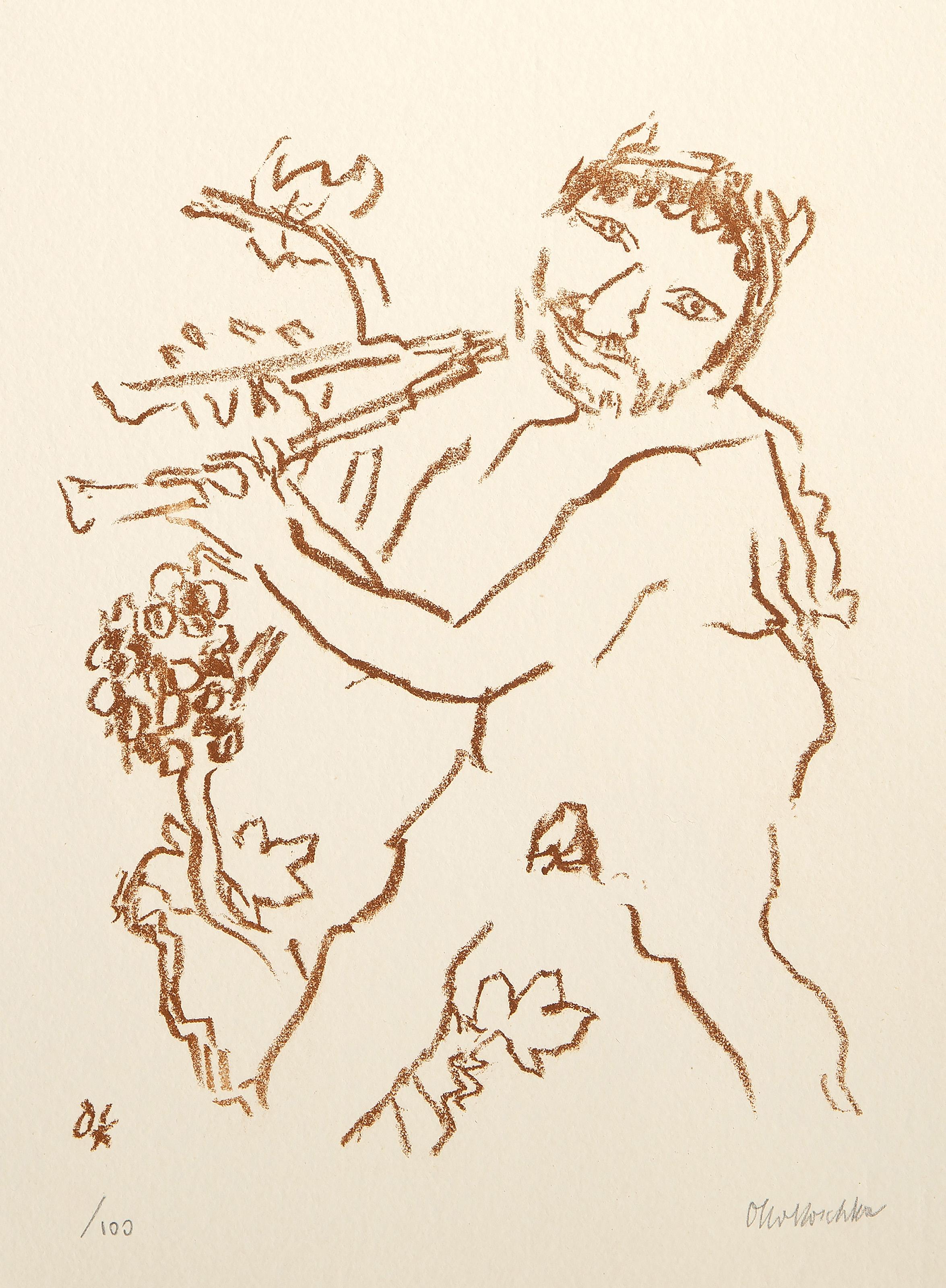  Oskar Kokoschka, Austrian (1886 - 1980) -  Musizierender Faun, Year: 1976, Medium: Lithograph on laid paper, signed and numbered in pencil, Edition: 100, Image Size: 10.25 x 8 inches, Size: 15.75 x 11.75 in. (40.01 x 29.85 cm), Description: Artist