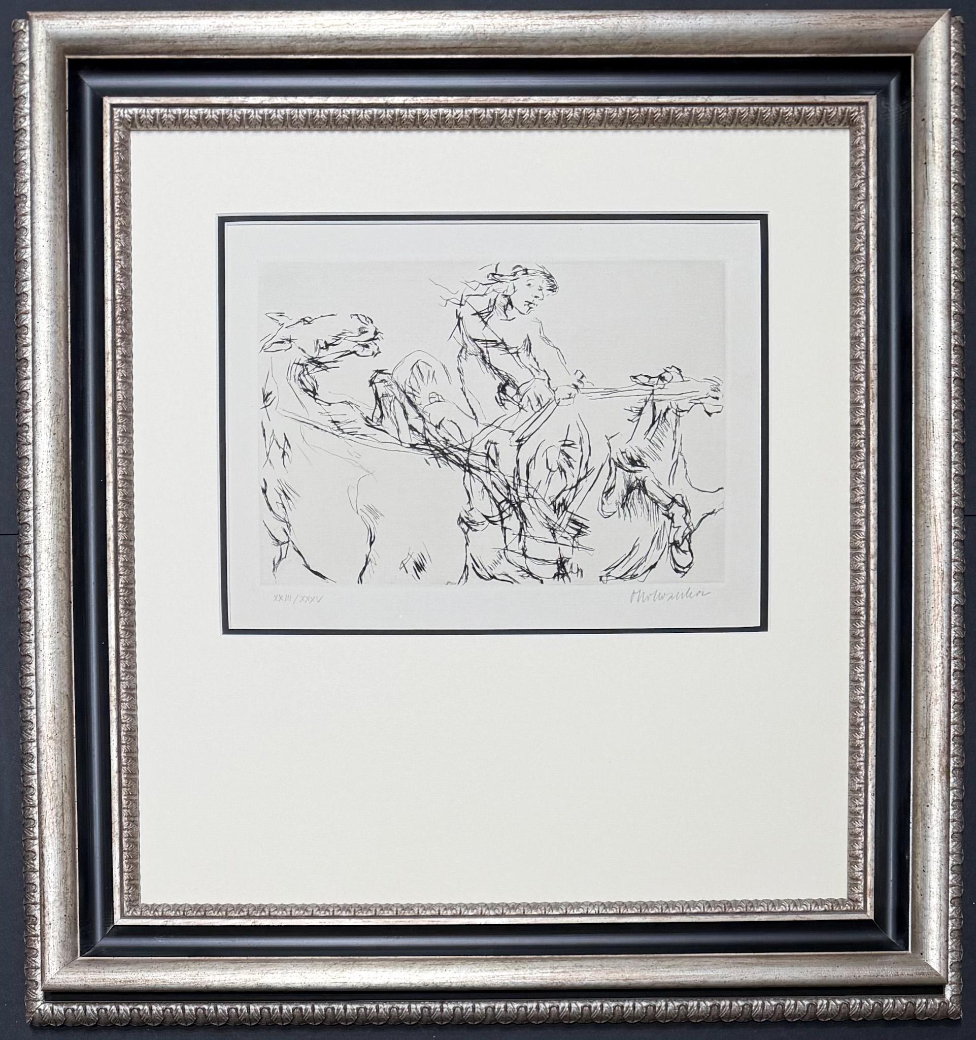 Etching, engraving on paper , edited in 1969
Limited edition, numbered in lower left corner XXIII/XXXV
Signed in pencil by artist in lower right corner.

Plate size: 19.9 x 29 cm
Paper size: 49 x 46 cm
Framed size: 64 x 60 x 6 cm

Very good
