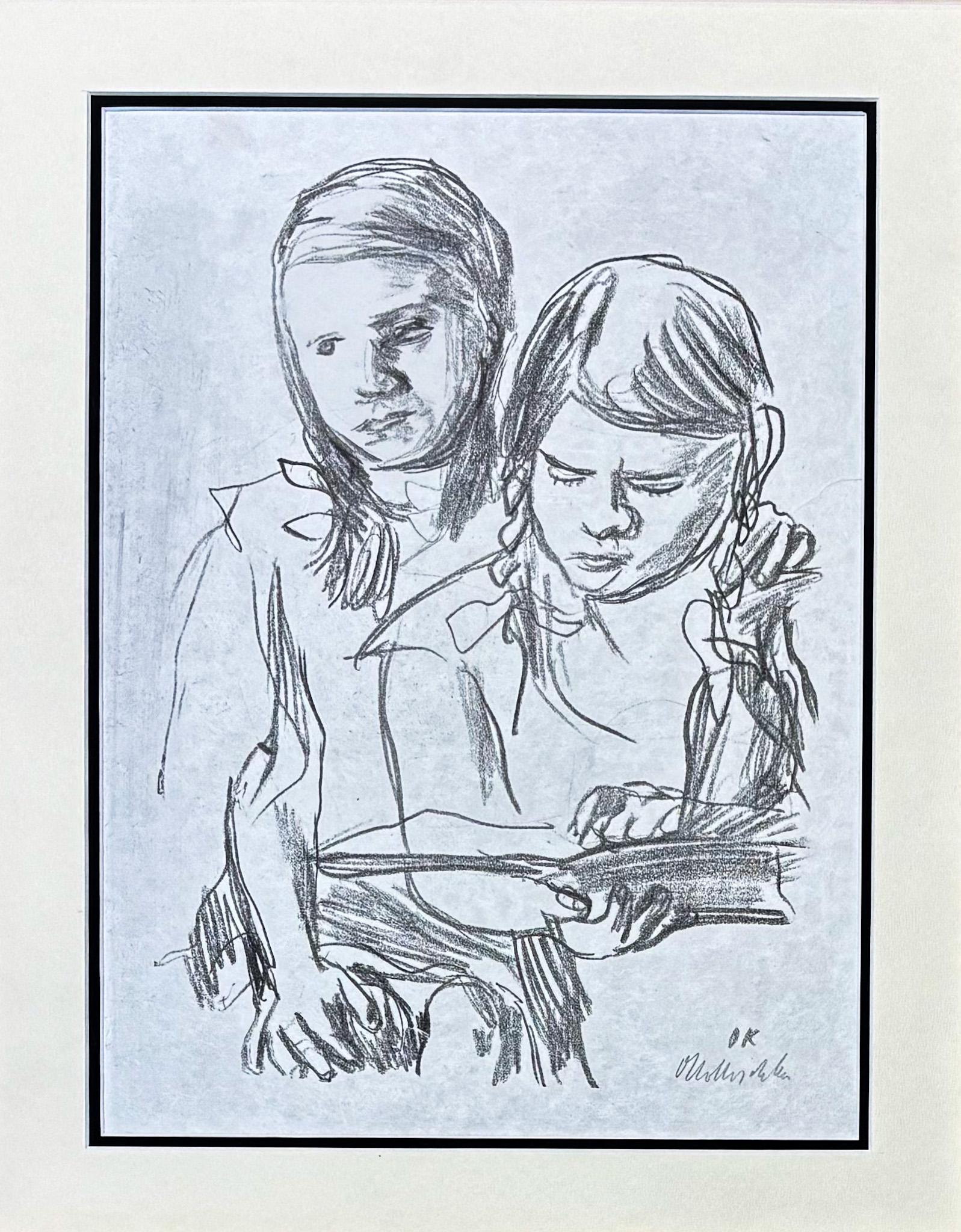 Oskar Kokoschka (1886-1980) - Zwei lesende Mädchen - Lithographie à la craie - 1931 en vente 1
