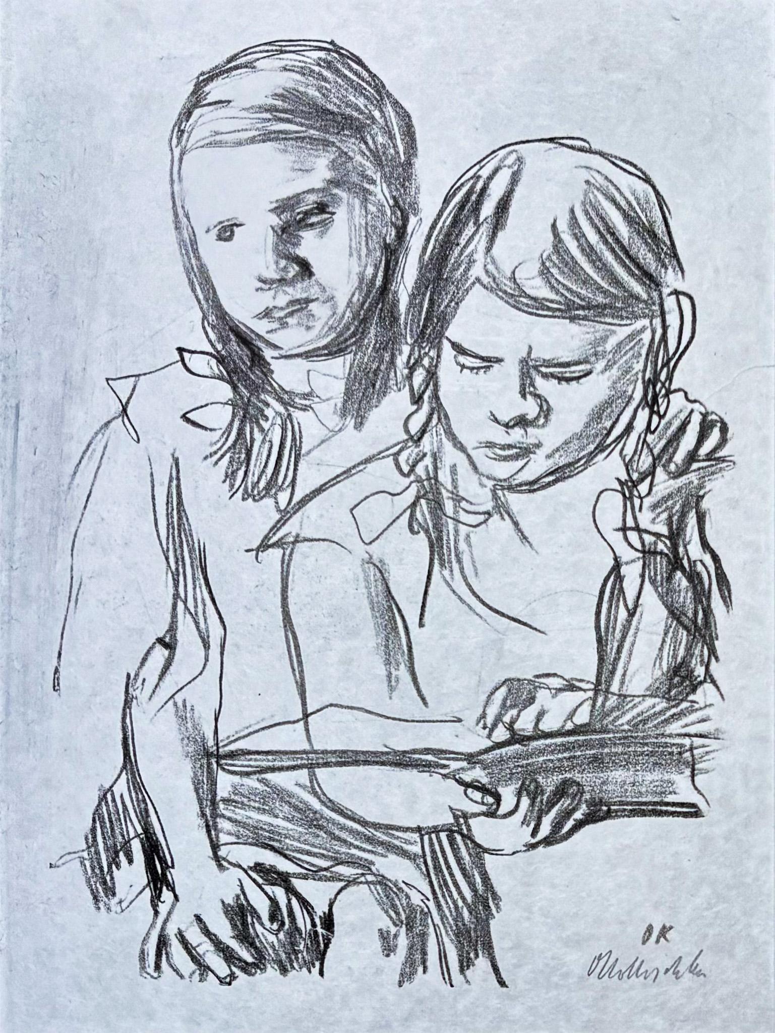 Oskar Kokoschka (1886-1980) - Zwei lesende Mädchen - Lithographie à la craie - 1931 en vente 2