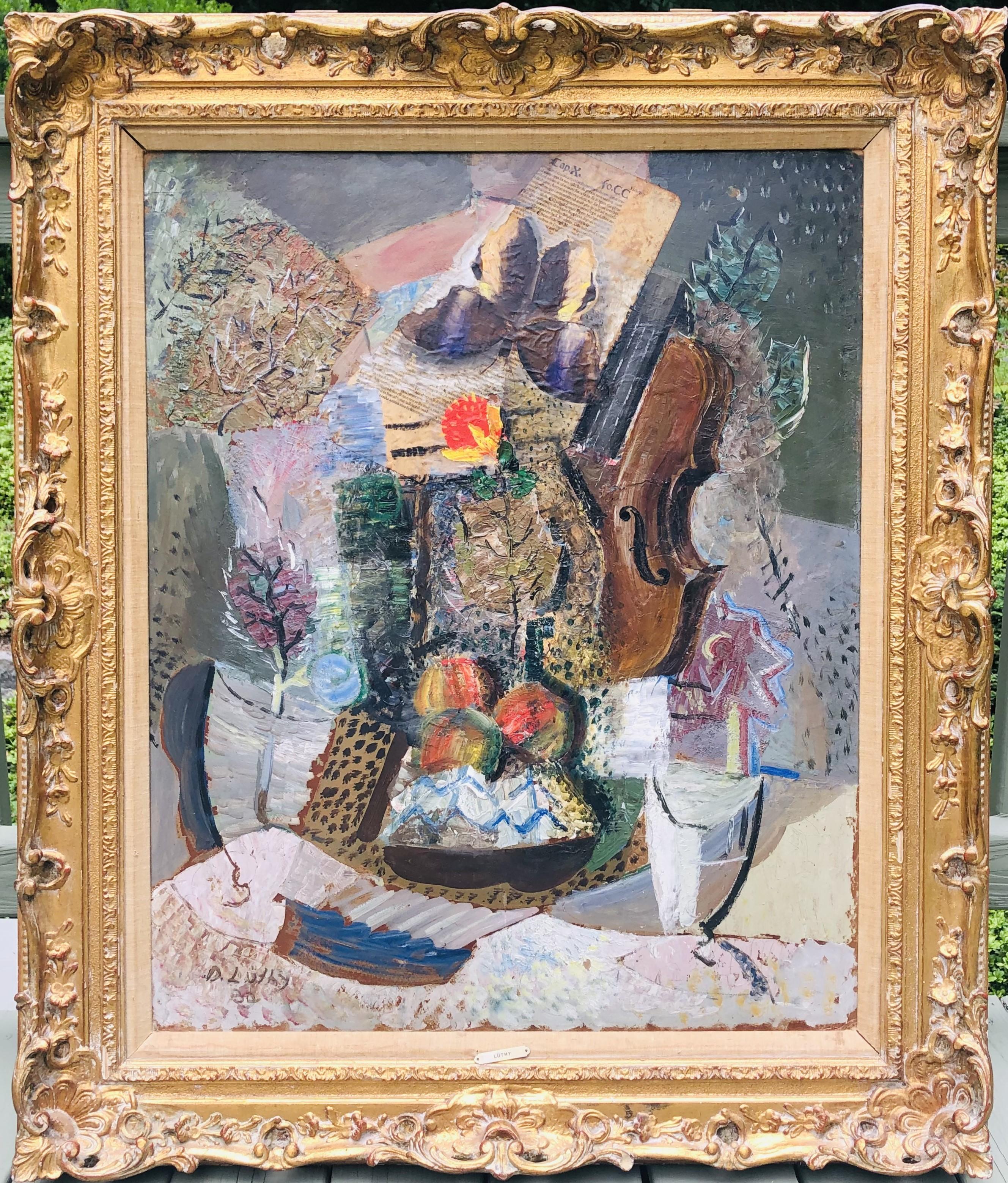 Important Swiss Cubist Pre-War Oskar Luthy Still Life w Butterfly 1933 Painting