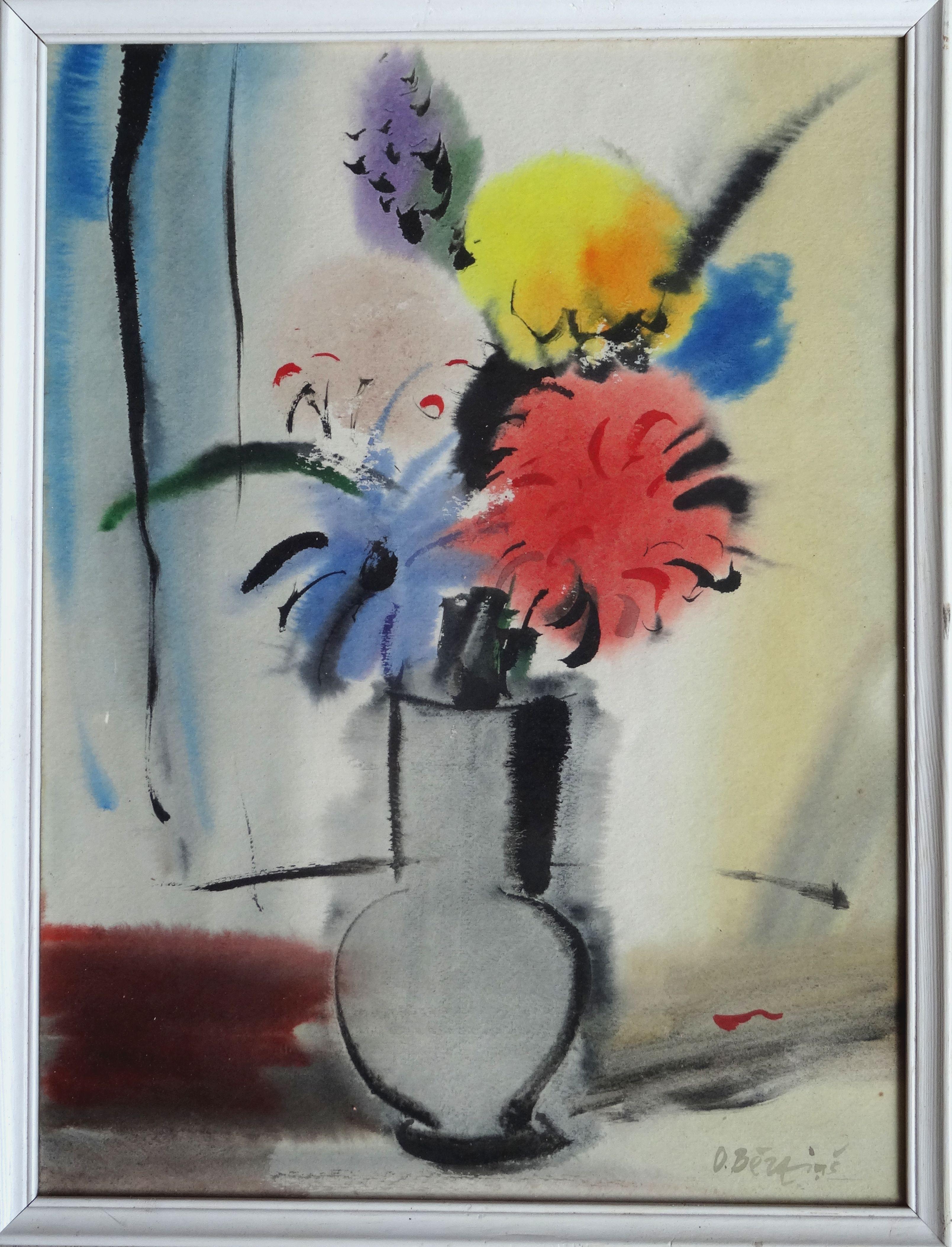 Colorful flowers in vase. 1992. Paper, watercolor, 39x29 cm - Painting by Oskars Berzins