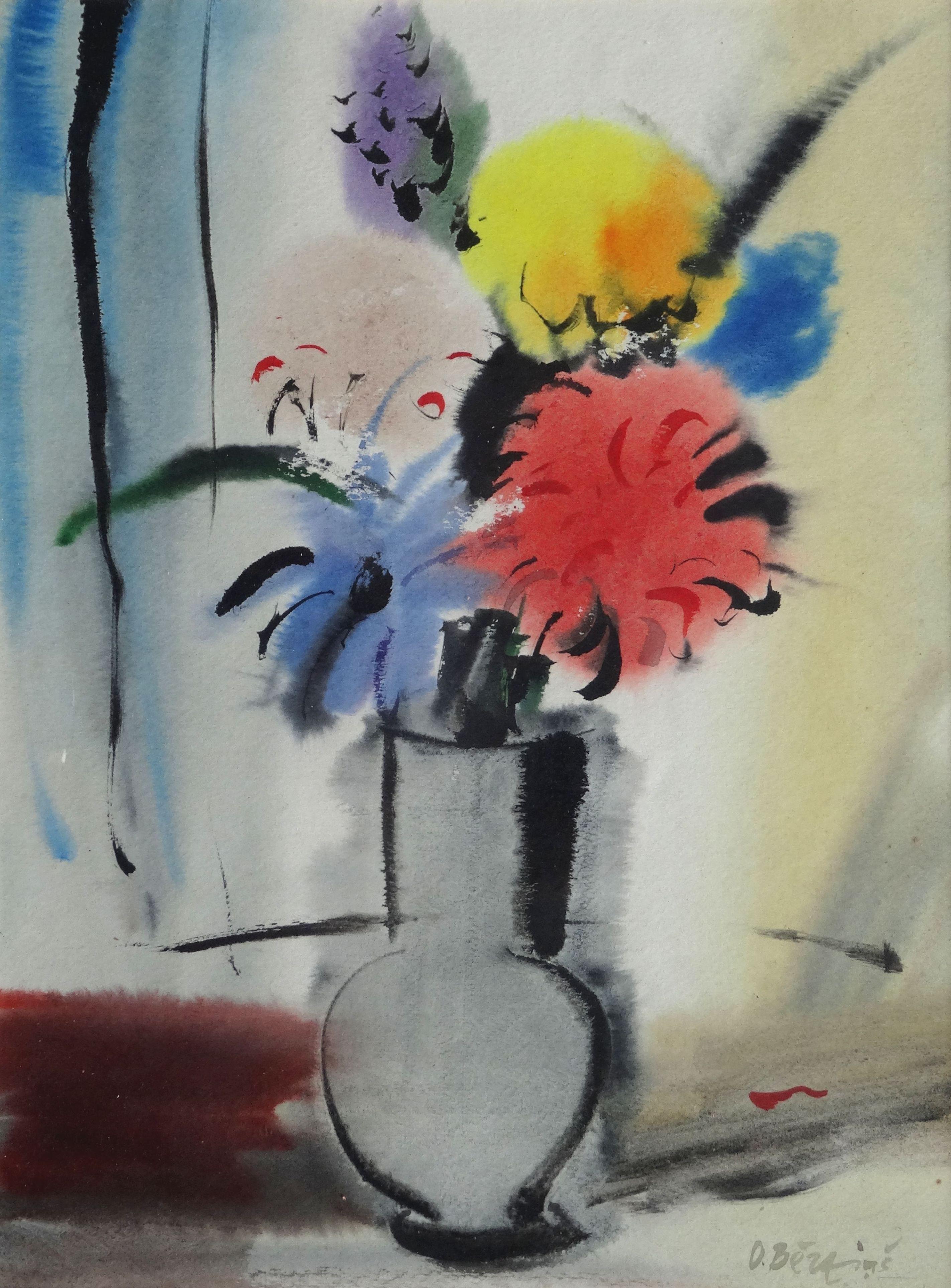 Oskars Berzins Still-Life Painting - Colorful flowers in vase. 1992. Paper, watercolor, 39x29 cm