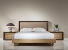 Oslo Bed, Solid Walnut Wood Bed with Brown Leather Edging