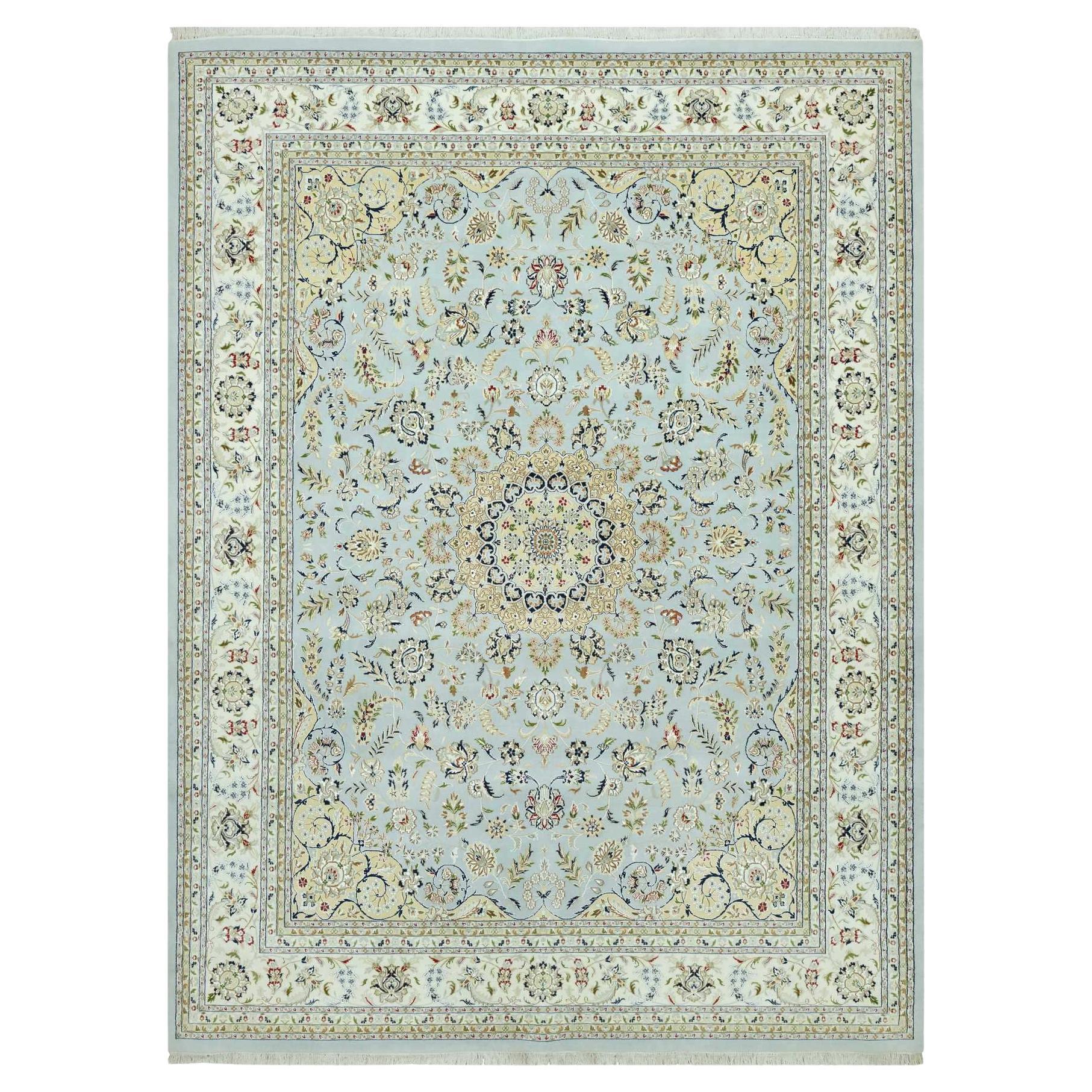Oslo Blue Nain Floral Design Pure Wool Hand Knotted Oversized Rug 11'6" x 15'6"