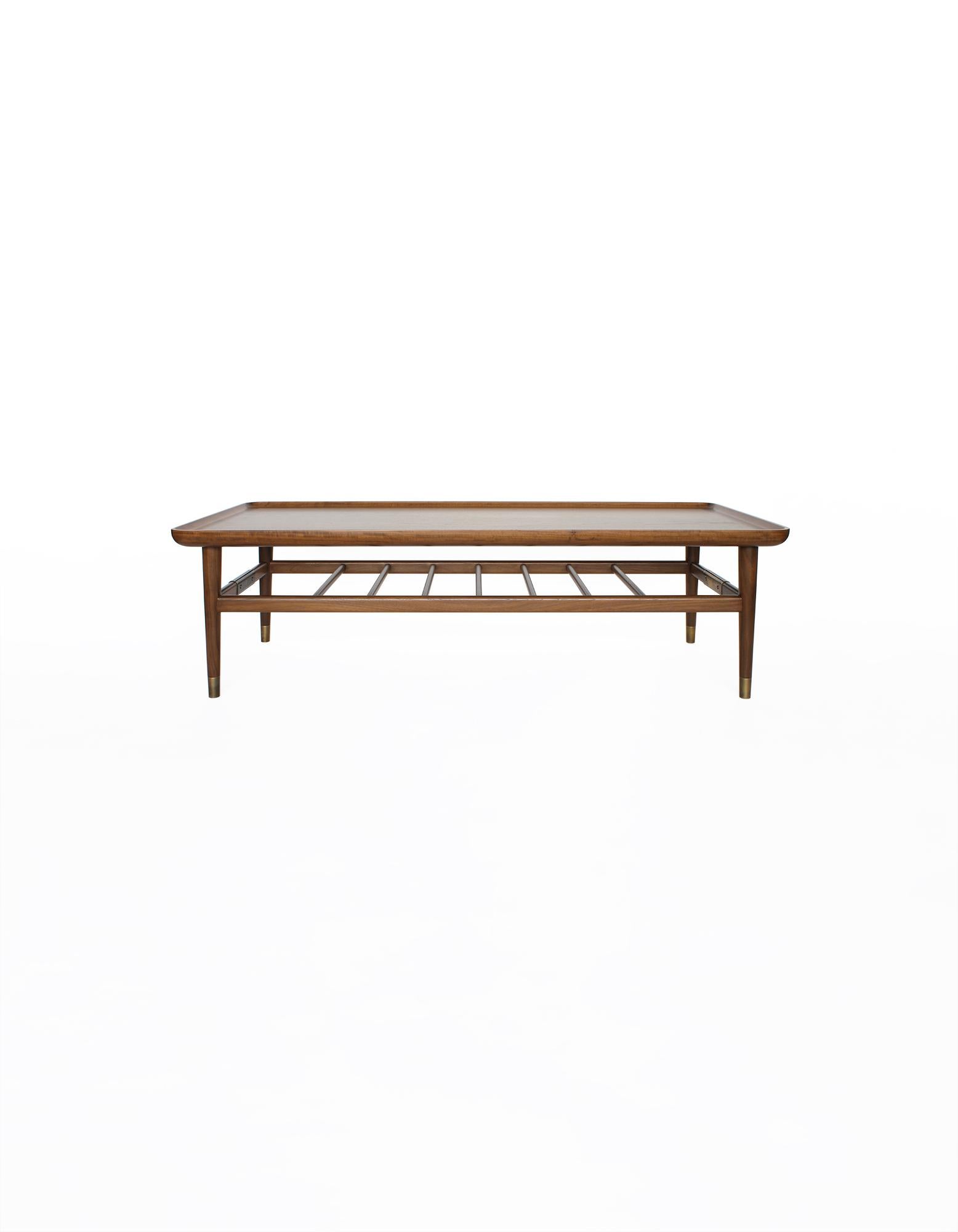American Oslo Cocktail Table in Light Walnut with Antique Brass Fittings
