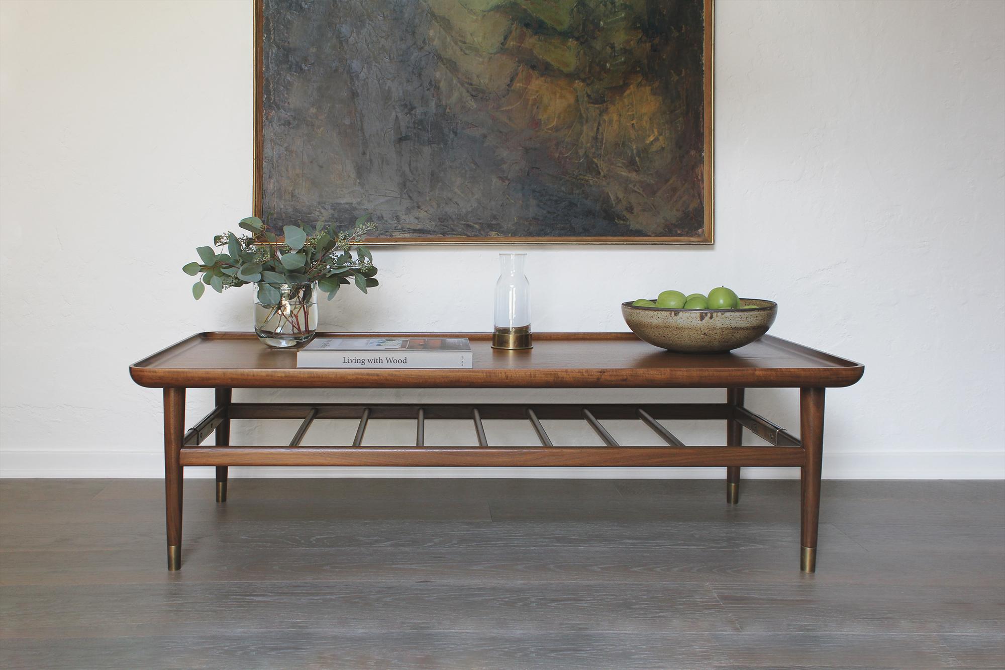 Oslo Cocktail Table in Light Walnut with Antique Brass Fittings In New Condition In Los Angeles, CA