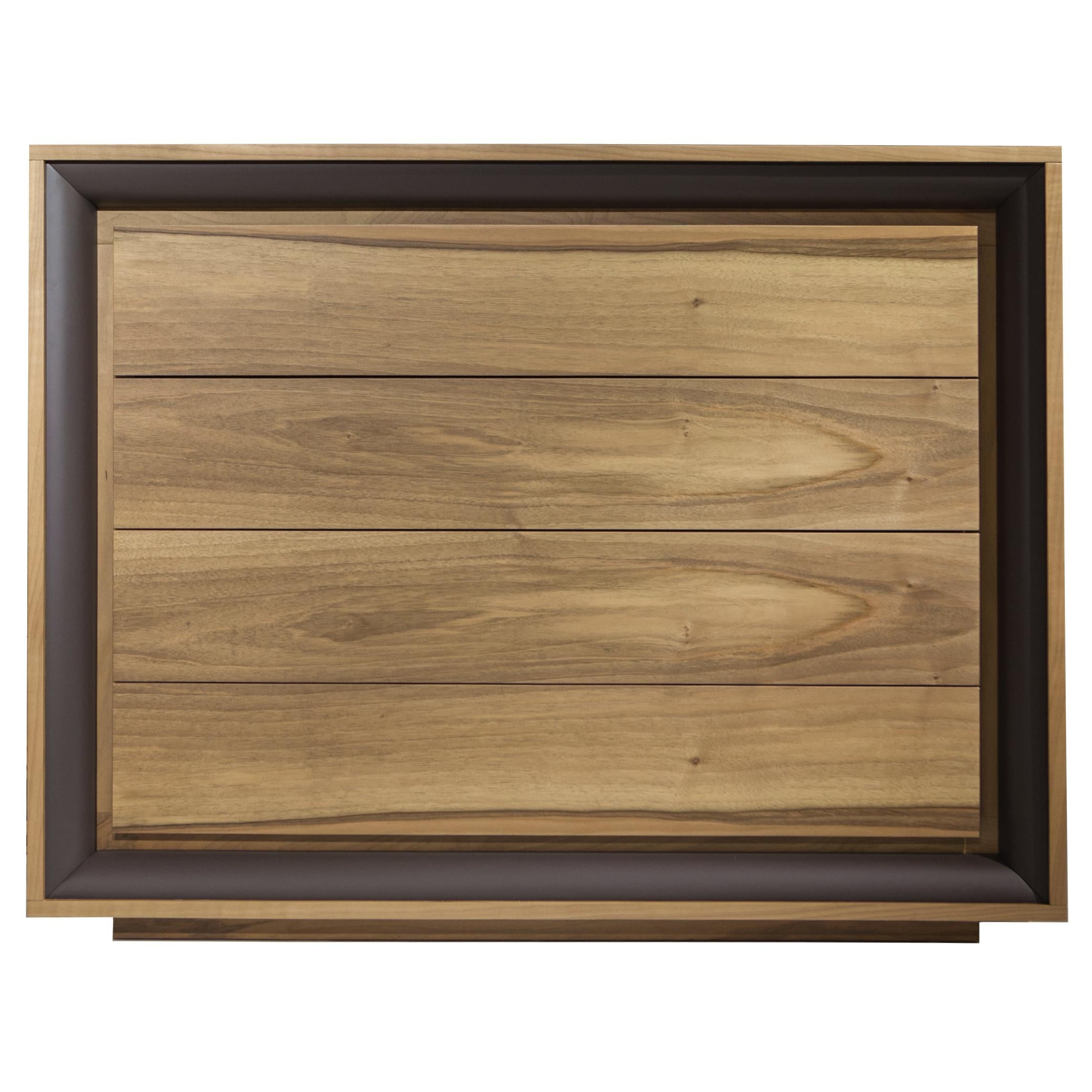 Oslo Dresser, Solid Walnut Wood with Brown Leather Border Bedroom Dresser For Sale