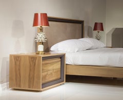 Oslo Nightstand, Solid Walnut Wood Brown Leather Outlined Nightstand