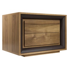 Oslo Nightstand, Solid Walnut Wood Brown Leather Outlined Nightstand