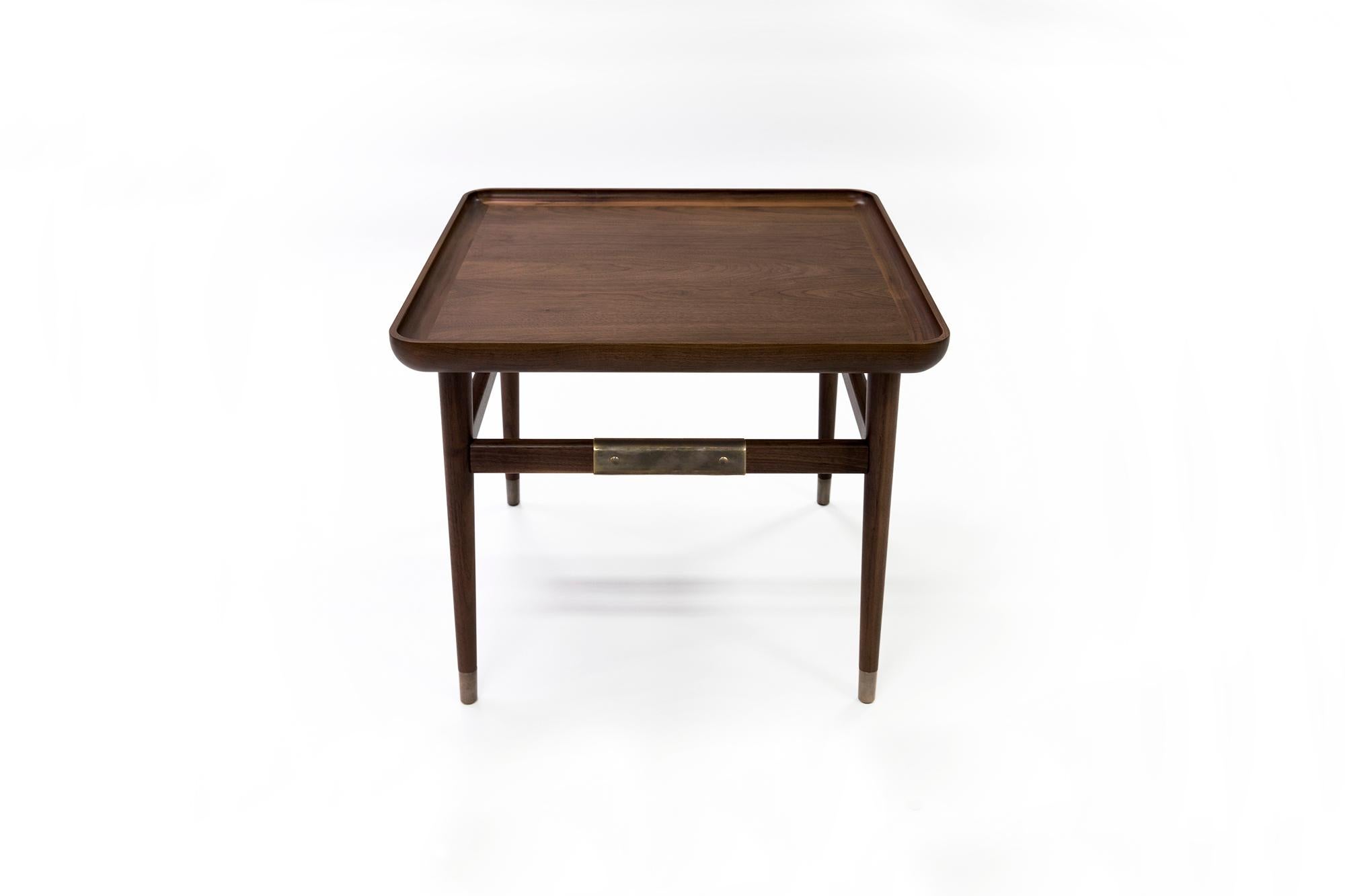American Oslo Rectangular Side Table in Medium Walnut with Antique Brass Fittings For Sale