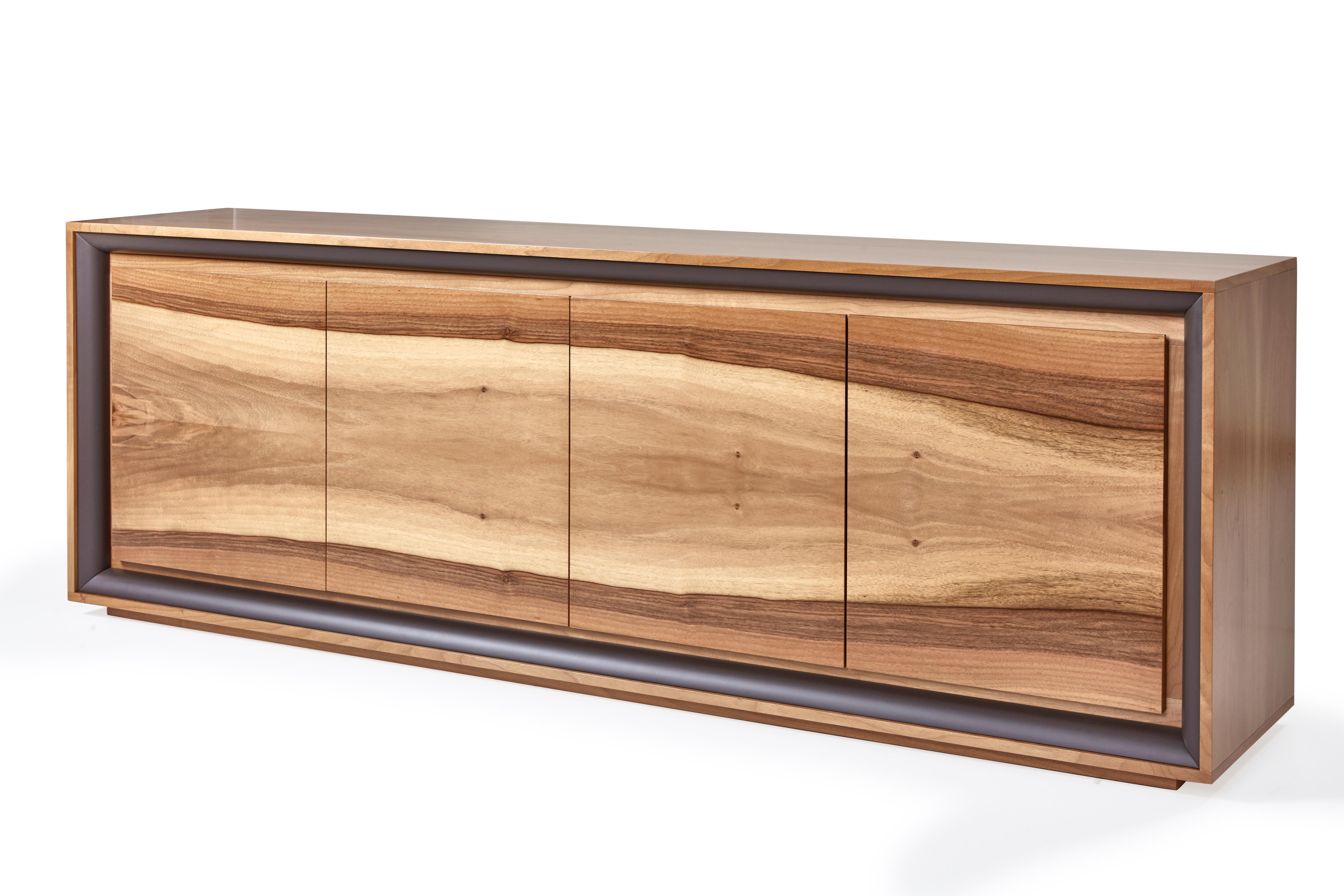 Modern Oslo Sideboard, Raw Walnut and Brown Leather Sideboard For Sale