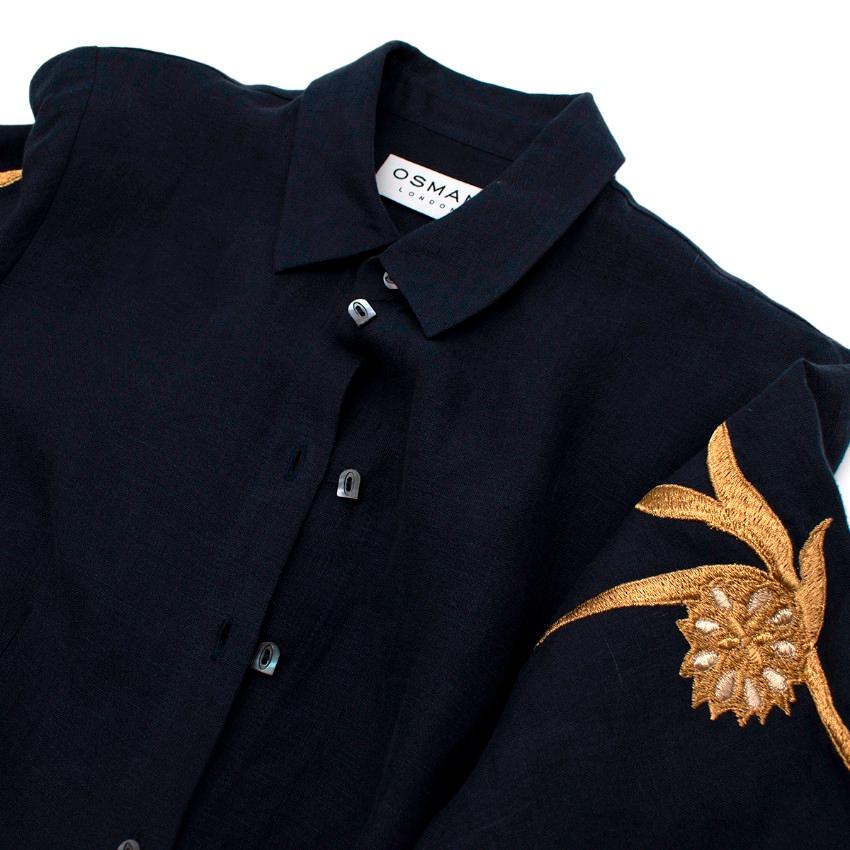 Black Osman Ariana Navy Linen Embroidered Shirt Dress