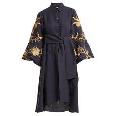 Osman Ariana Navy Linen Embroidered Shirt Dress