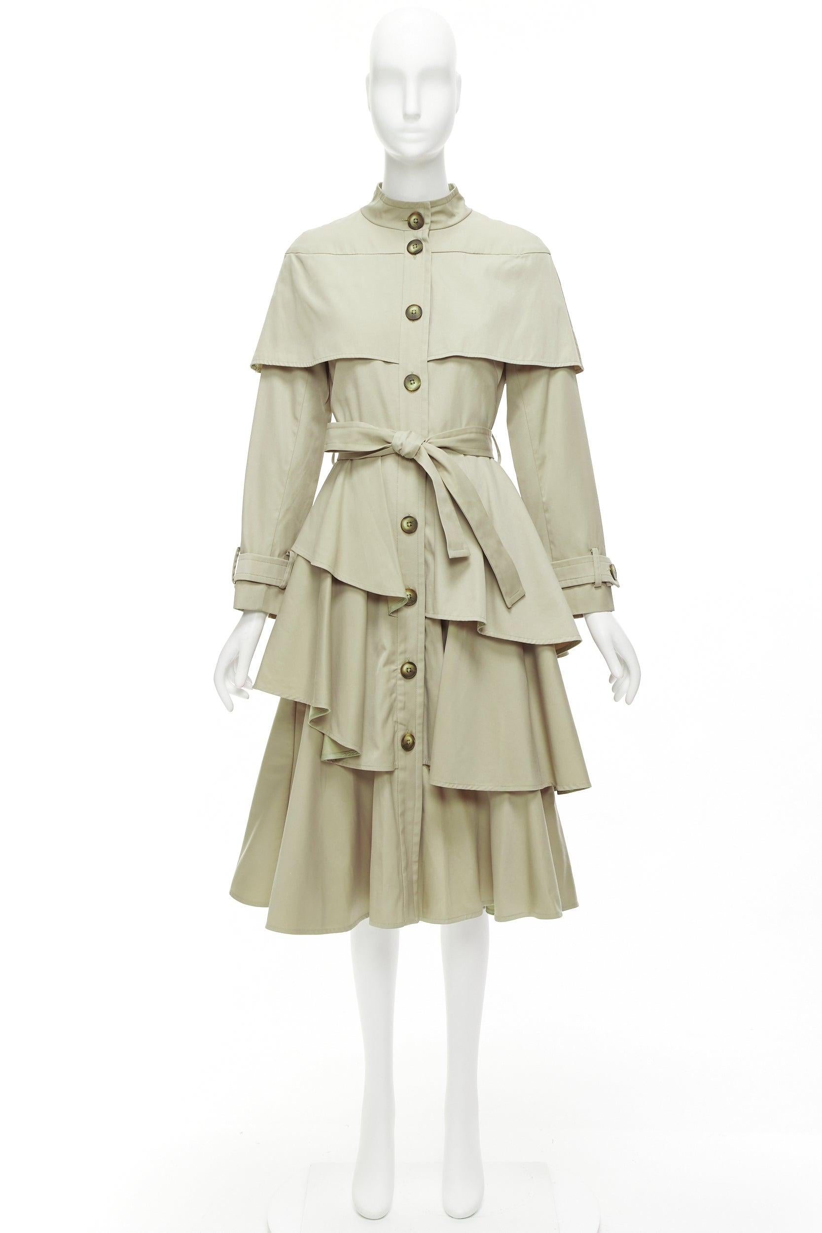OSMAN LONDON khaki cotton tiered ruffle capelet belted long trench coat XS For Sale 6