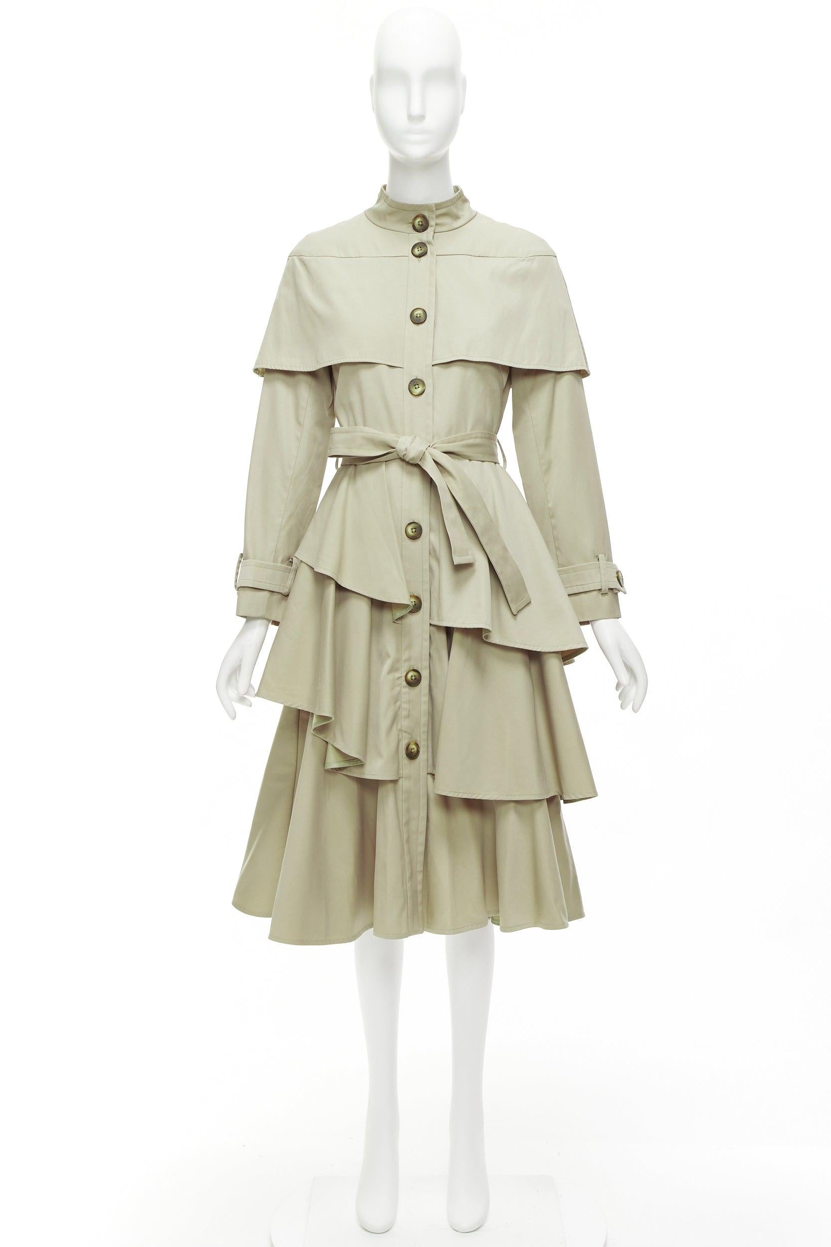 OSMAN LONDON khaki cotton tiered ruffle capelet belted long trench coat XS 5