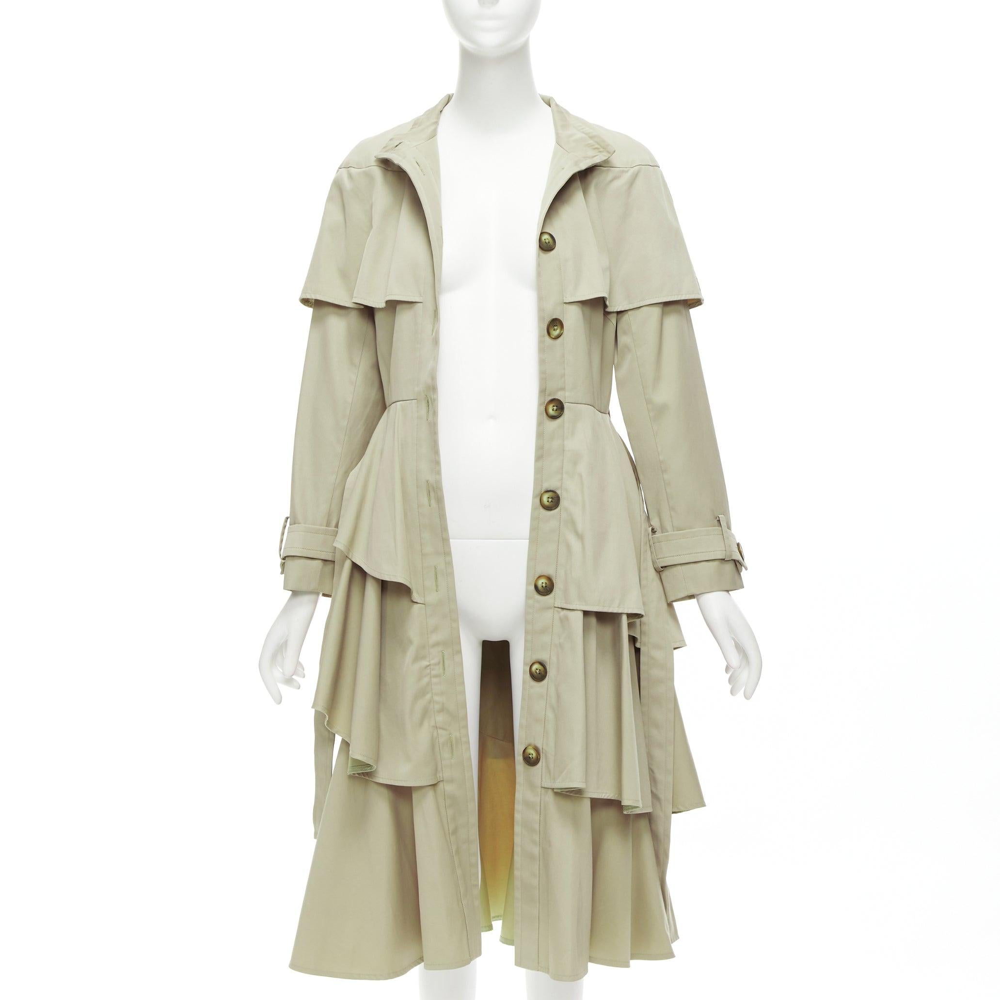OSMAN LONDON khaki cotton tiered ruffle capelet belted long trench coat XS In Good Condition For Sale In Hong Kong, NT
