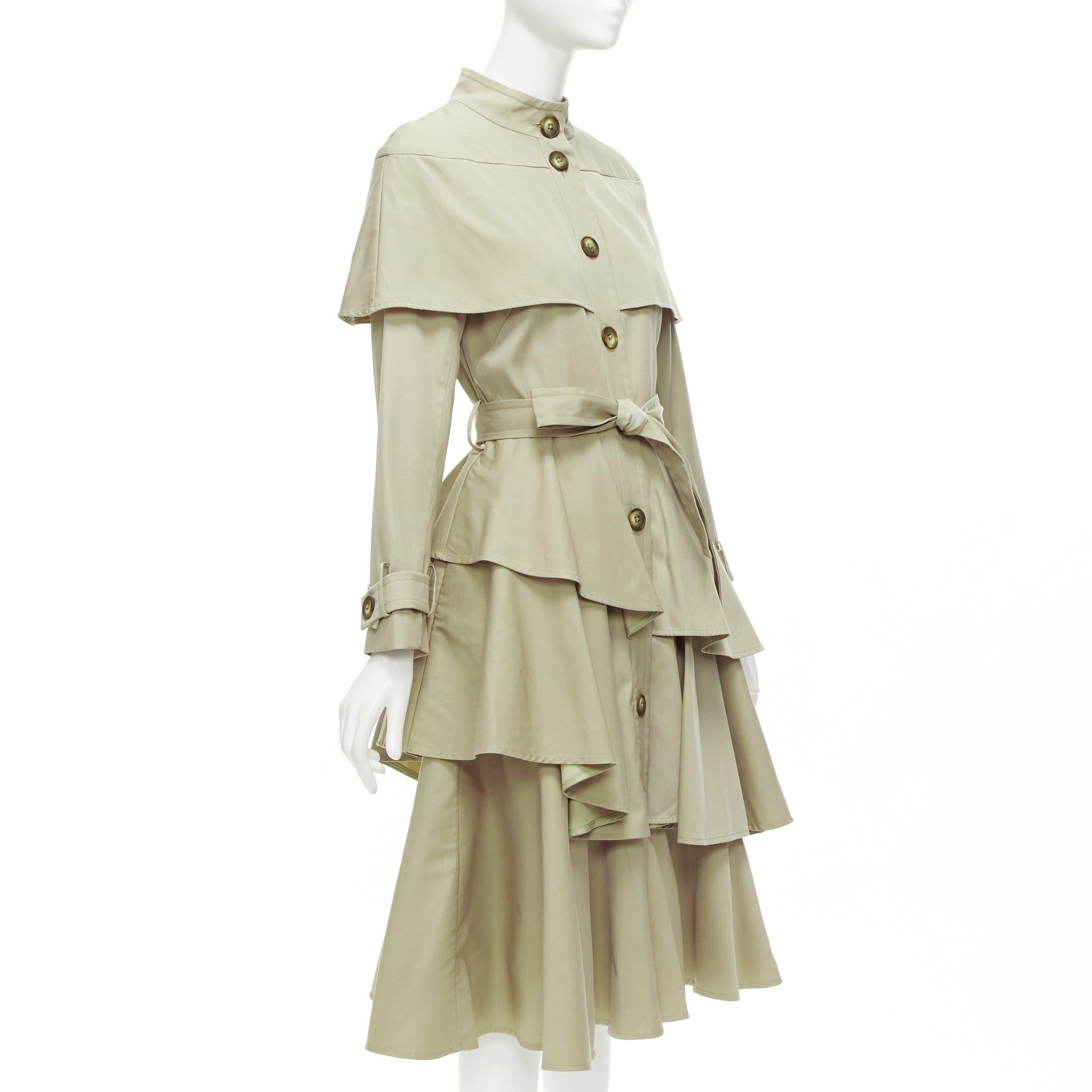 Women's OSMAN LONDON khaki cotton tiered ruffle capelet belted long trench coat XS For Sale
