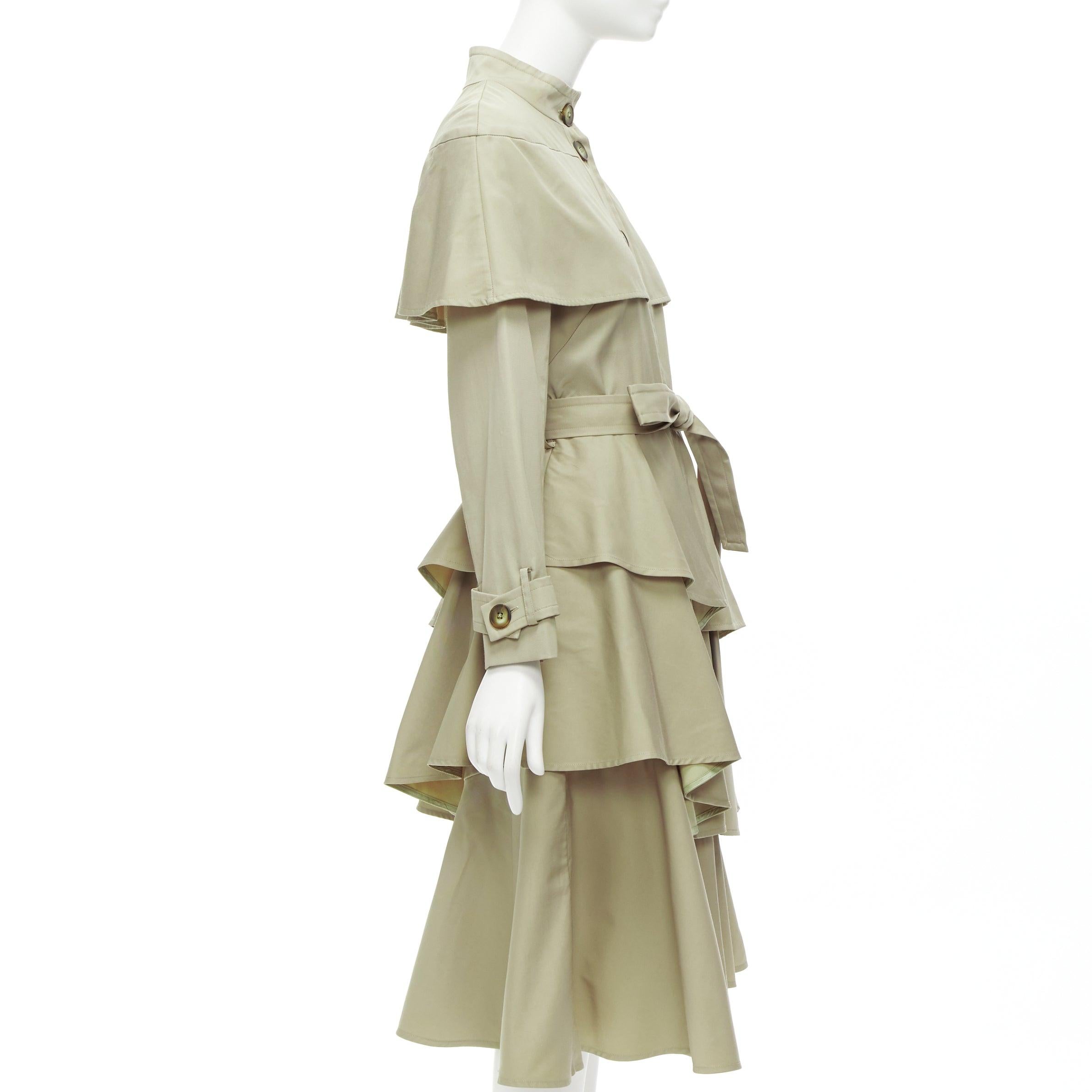 OSMAN LONDON khaki cotton tiered ruffle capelet belted long trench coat XS For Sale 1
