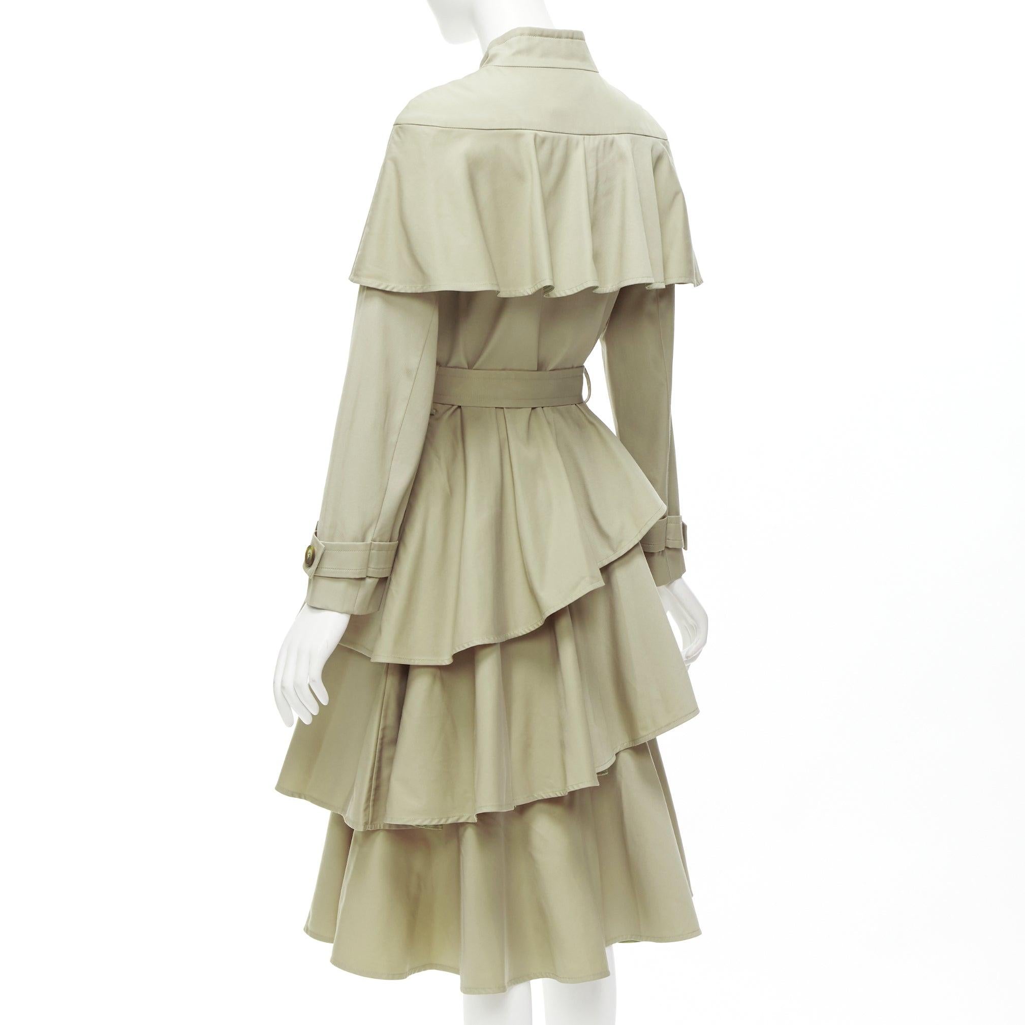 OSMAN LONDON khaki cotton tiered ruffle capelet belted long trench coat XS For Sale 3