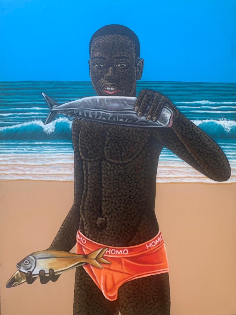 Osman Salifu Figurative Painting - Beach Catch - Painting, Acrylic on canvas
