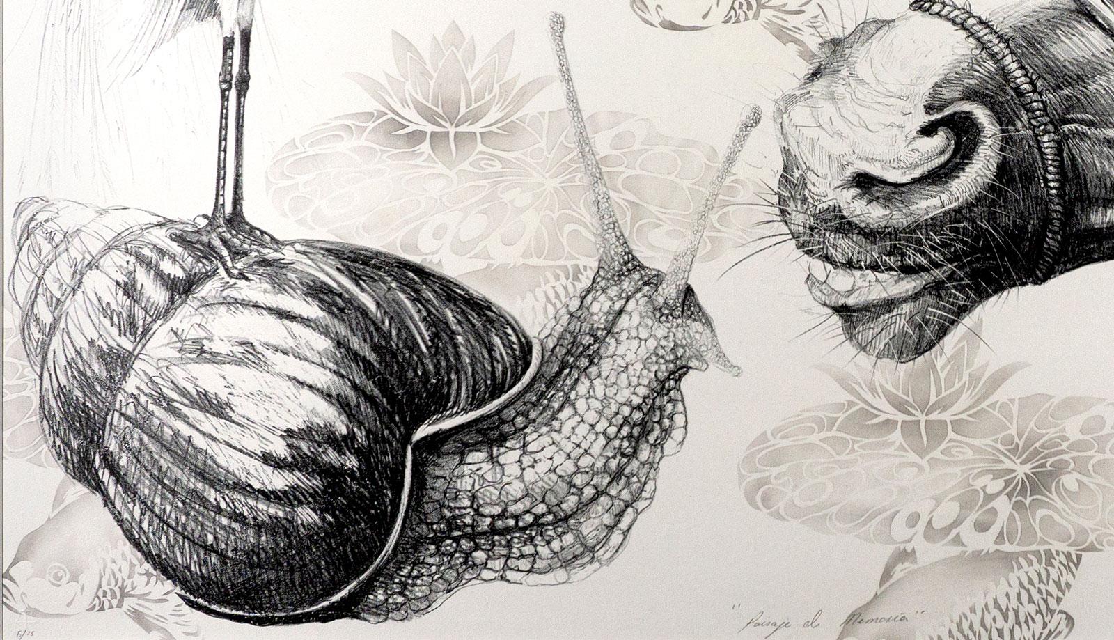 A snail and the head of a horse figure prominently in the artist's landscape of memory. This image was published at Tamarind

Osmeivy Ortega Pacheco, born in 1980 in Havana, Cuba, is one of the island's great emerging printmakers.  Having balanced
