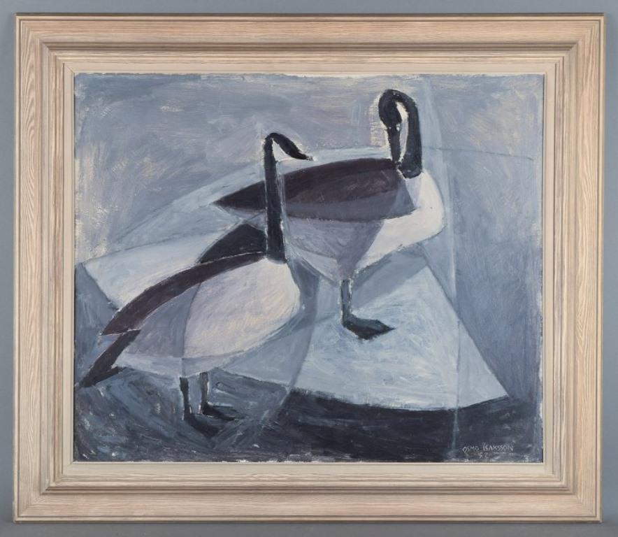 Osmo Isaksson (1918-1997), finnisch-schwedischer Künstler.
Öl auf Karton. 
Modernistisches Gemälde mit Vögeln auf einem See.
In Grau- und Schwarztönen.
Signiert und datiert 1952.
In perfektem Zustand.
Gesamtabmessungen: B 95,5 cm x H 82,5 cm.