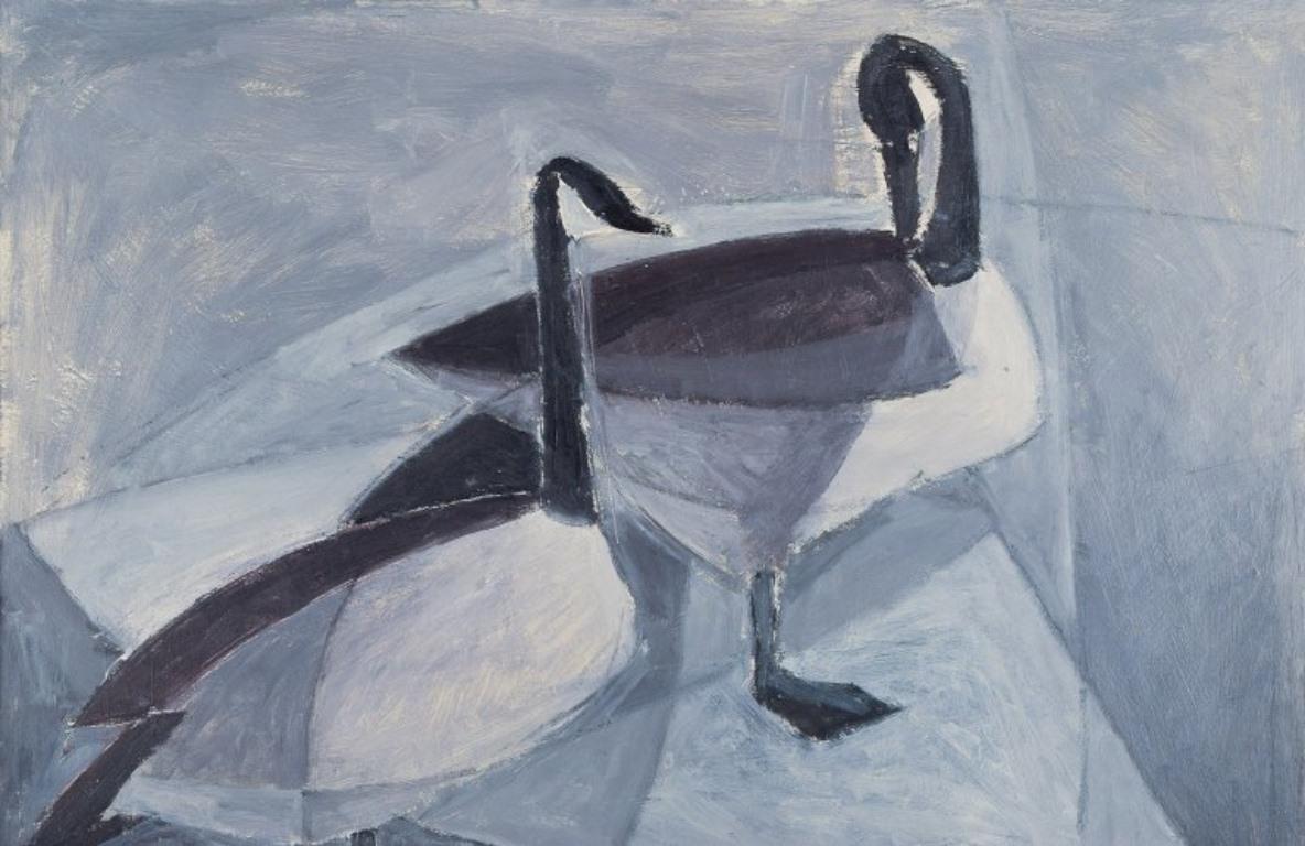 Modern Osmo Isaksson, Finnish-Swedish artist. Oil on board. Birds on lake, 1952 For Sale