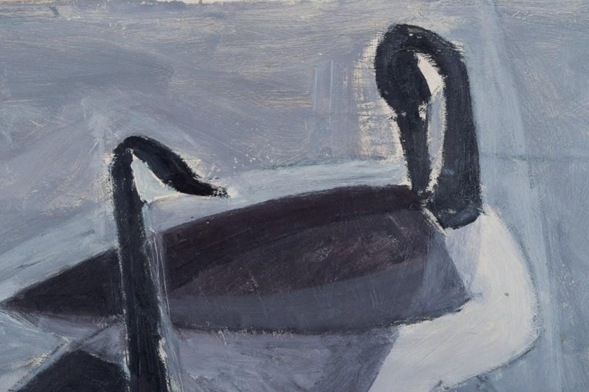 Scandinavian Osmo Isaksson, Finnish-Swedish artist. Oil on board. Birds on lake, 1952 For Sale