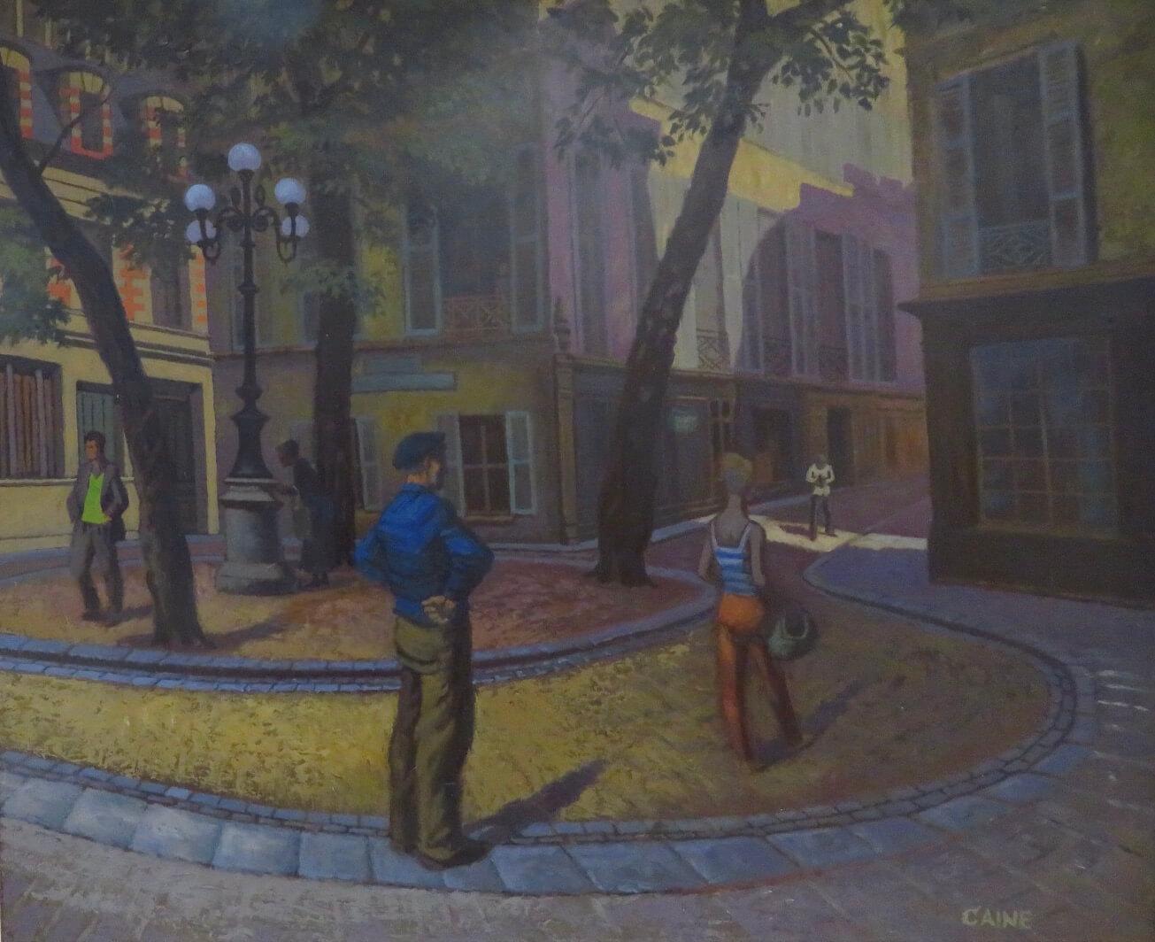 (1914-2004) Grande peinture à l'huile moderniste originale de scène de rue parisienne des années 1970 