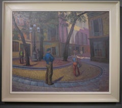Dipinto ad olio originale francese del Medioevo di una scena di strada a Parigi