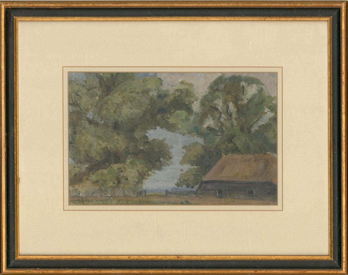 A charming oil depicting a quiet farm scene on an early summer day.

Dated and monogrammed in the bottom right-hand corner.

Inscribed on the reverse.

Well presented in a gilded and molded wood frame with a double mount.

On Canvasboard.