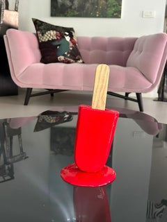 High Gloss Red Melting Popsicle Sculpture with Natural Oak Wood, handmade