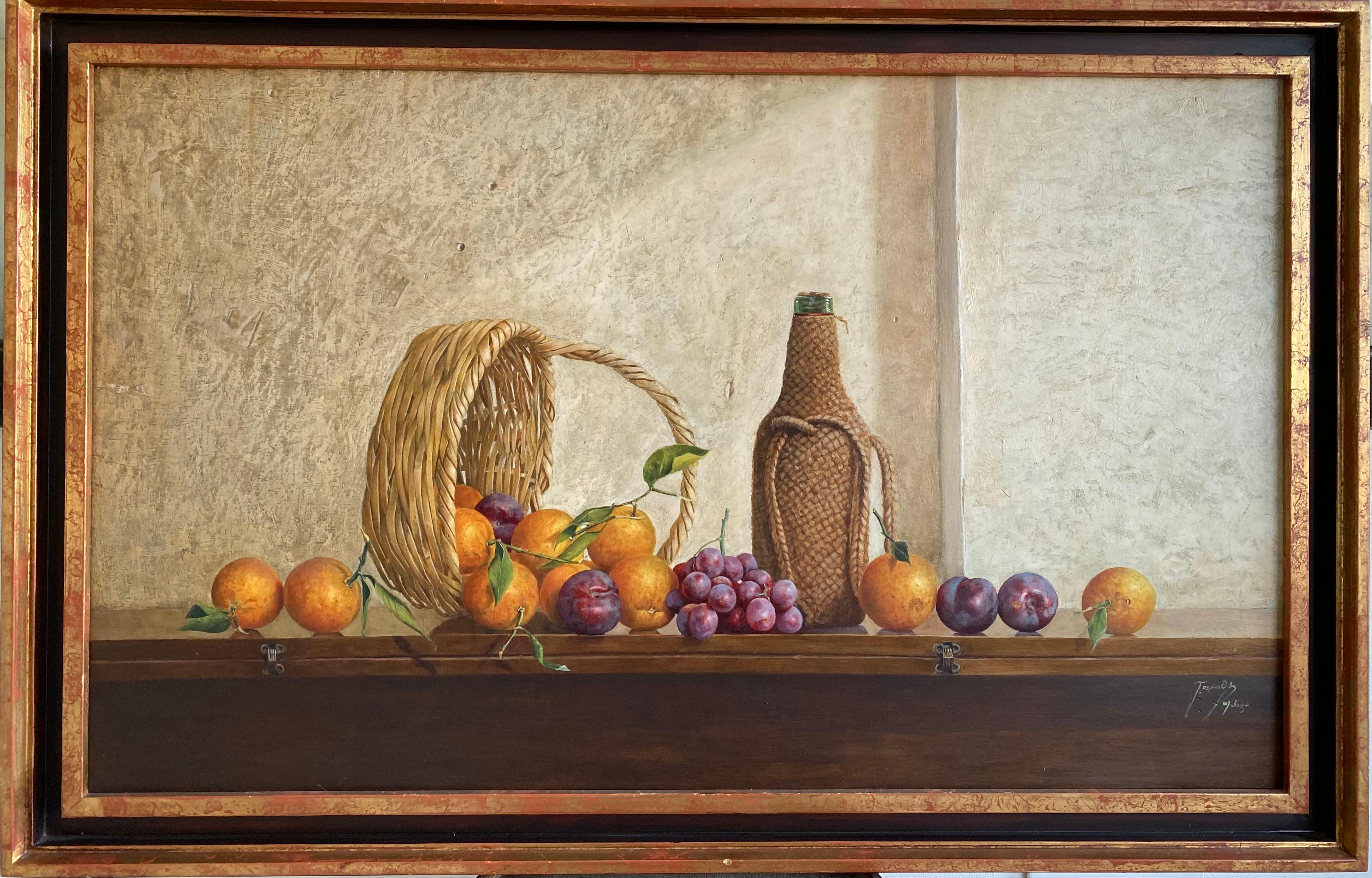 Still life with basket. Spanish Contemporary Figurative Realism. Oil on panel - Painting by Ospina Ortiz