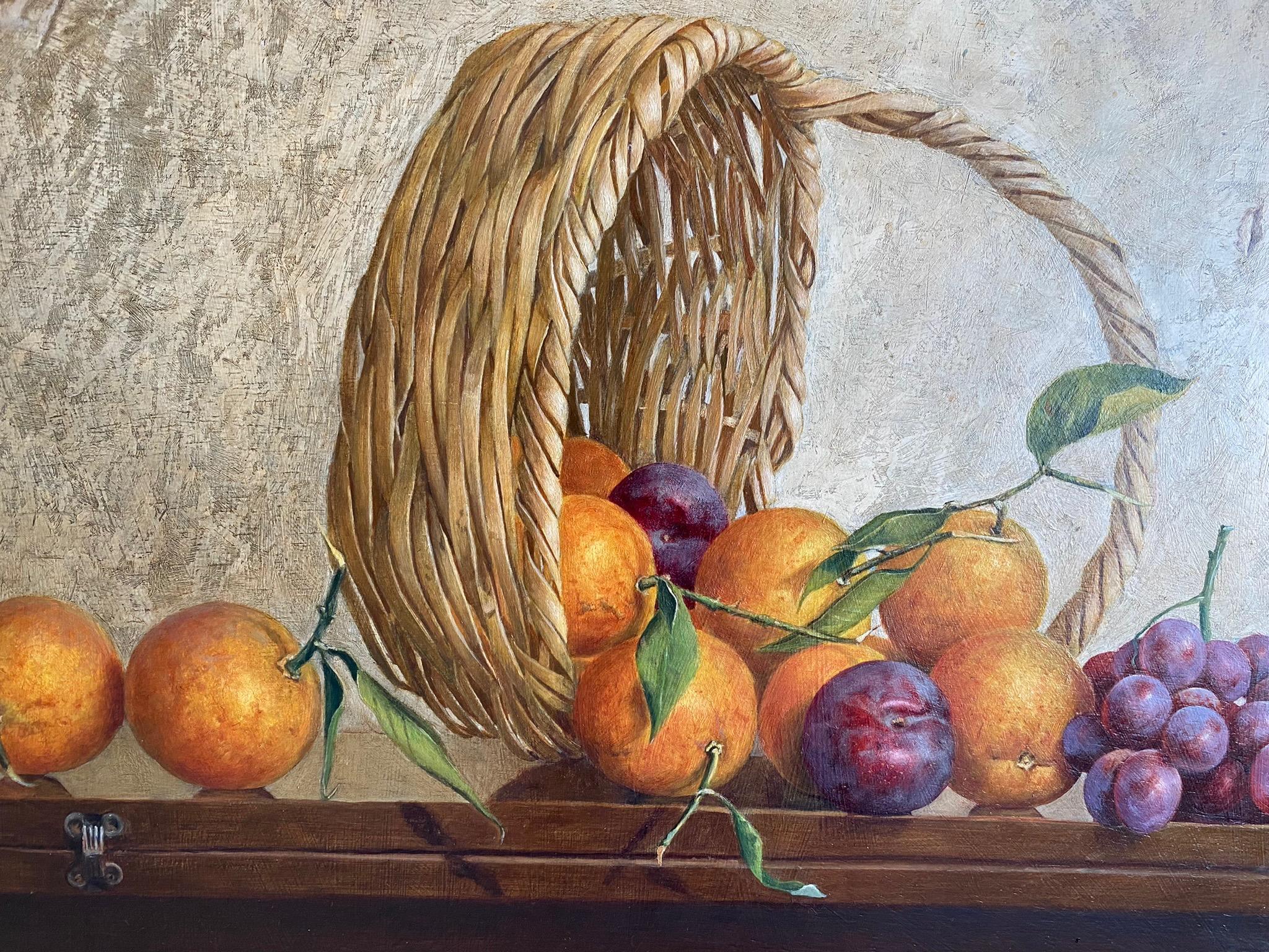Still life with basket. Spanish Contemporary Figurative Realism. Oil on panel - Realist Painting by Ospina Ortiz