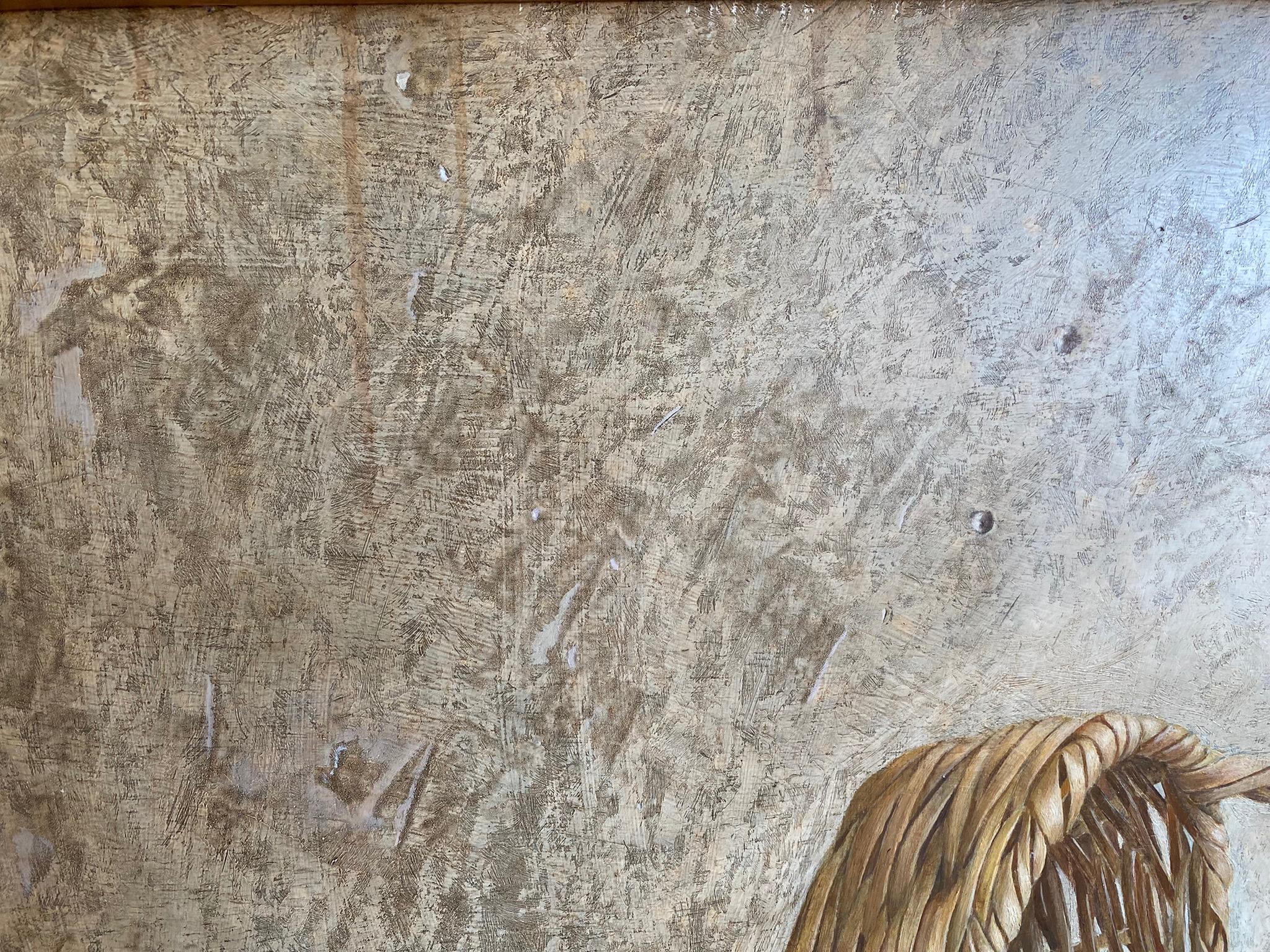 Natura morta con cestino. Realismo figurativo contemporaneo spagnolo. Olio su pannello in vendita 1