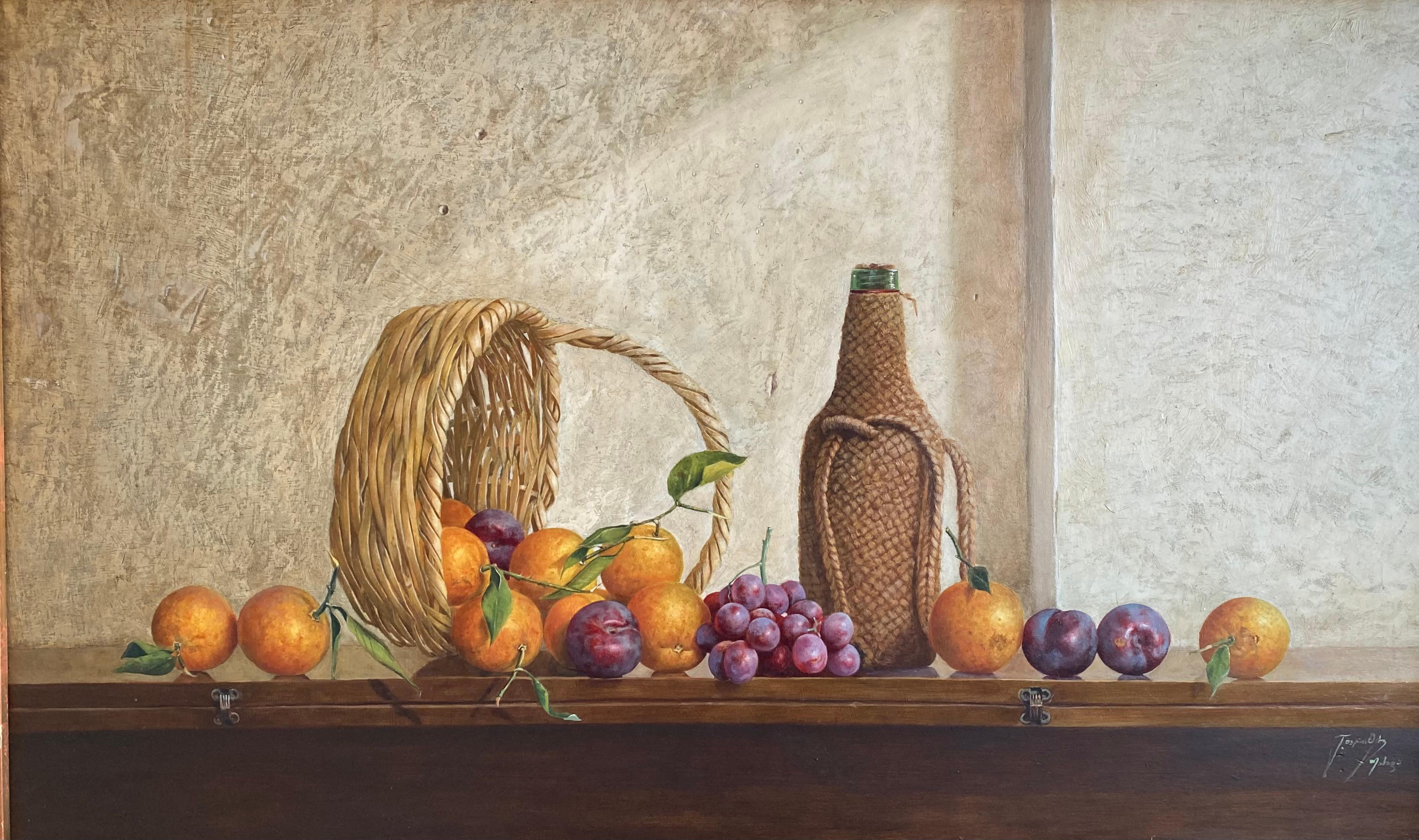 Ospina Ortiz Still-Life Painting - Still life with basket. Spanish Contemporary Figurative Realism. Oil on panel